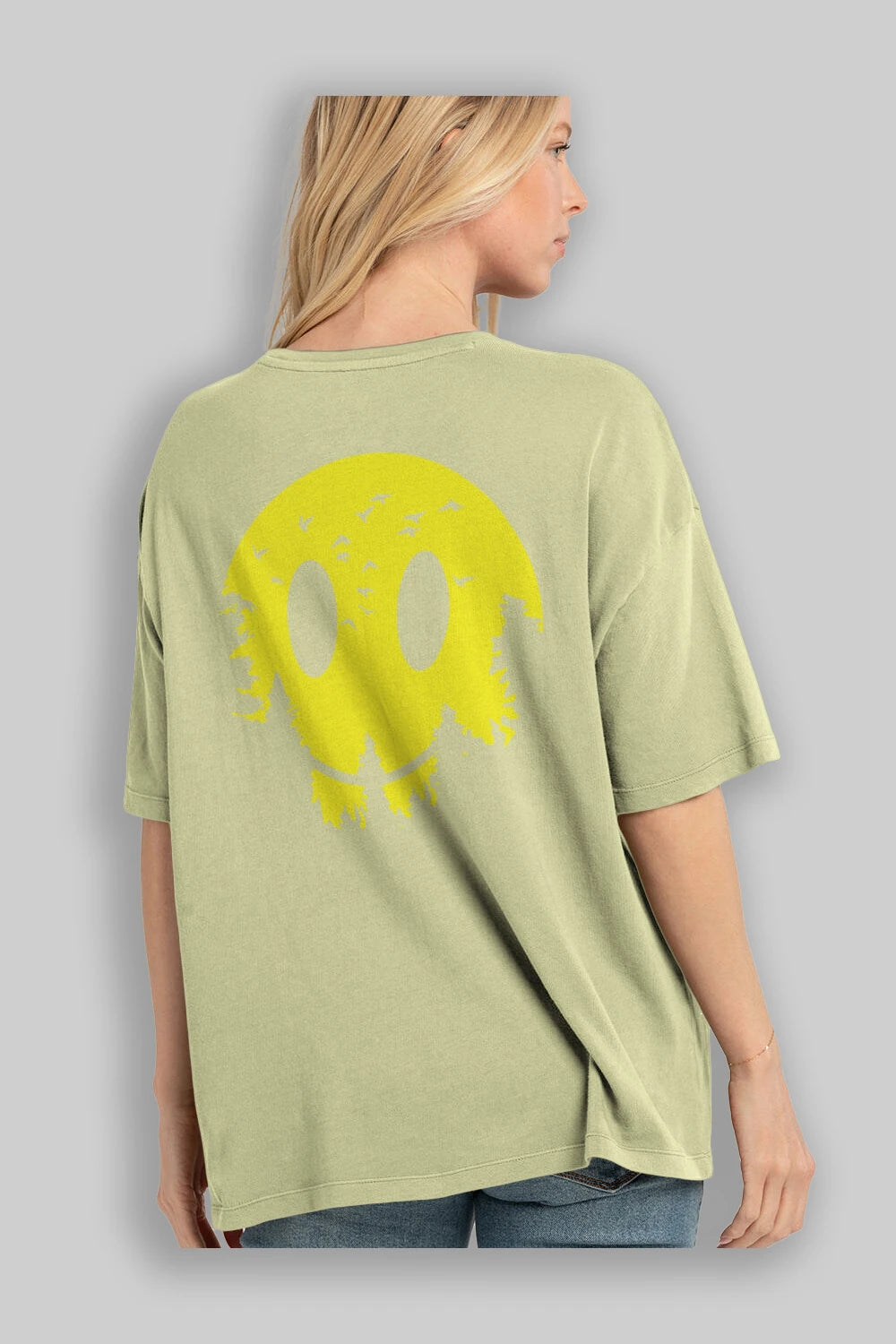 Smiley Moon Arka Baskılı Oversize t-shirt %100 pamuk Erkek Kadın Unisex