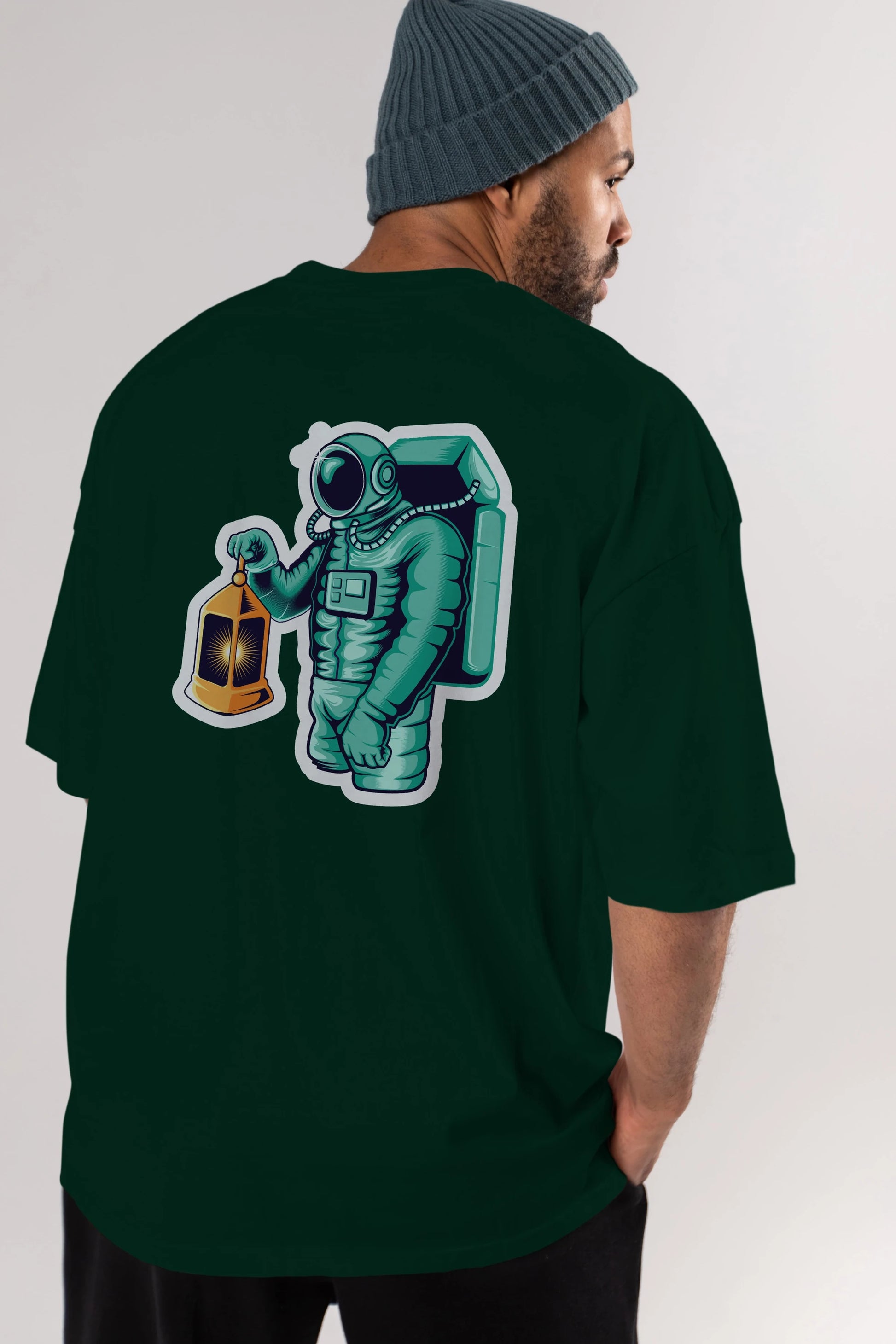 Astronaut Lantern Sticker Arka Baskılı Oversize t-shirt Erkek Kadın Unisex