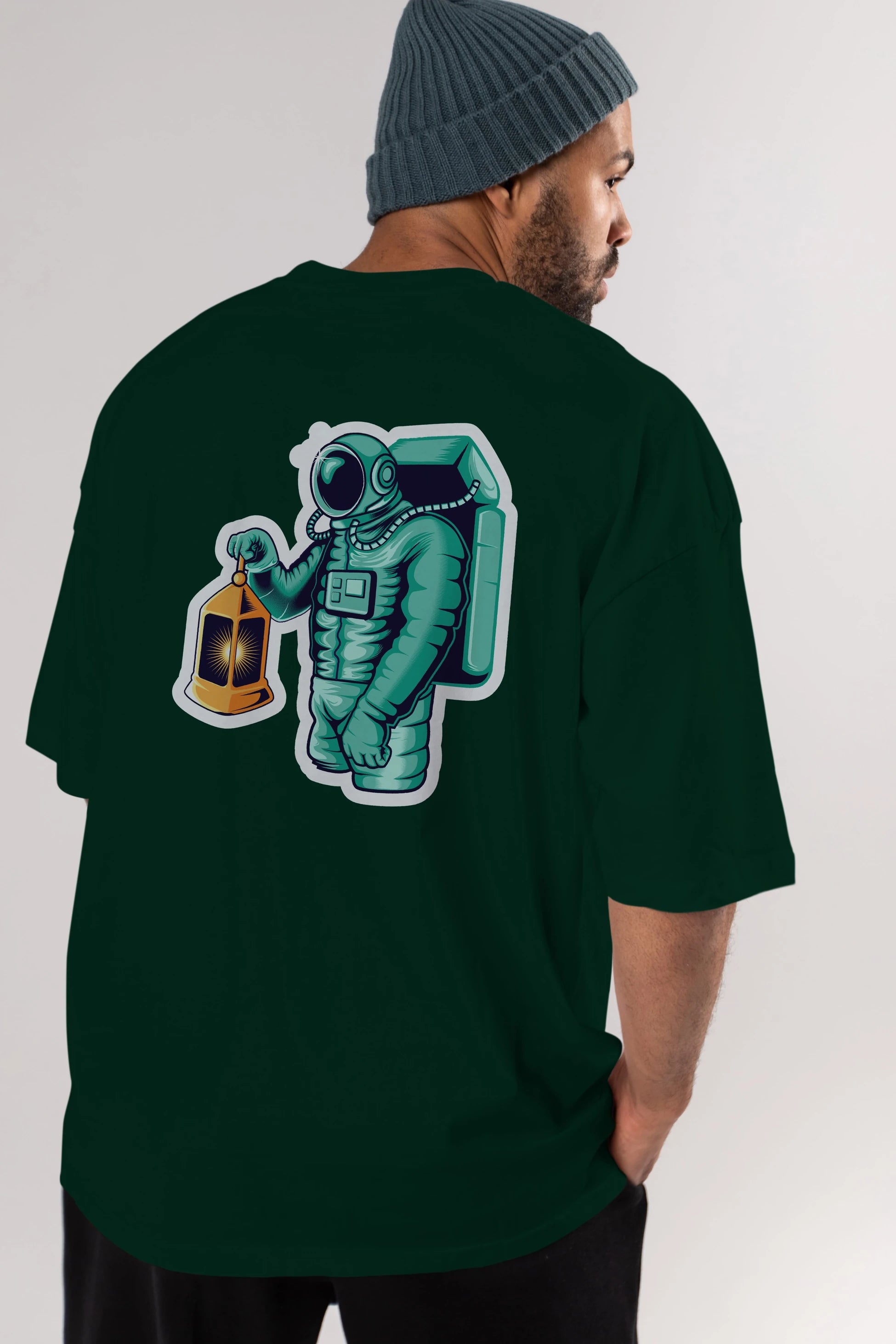 Astronaut Lantern Sticker Arka Baskılı Oversize t-shirt Erkek Kadın Unisex