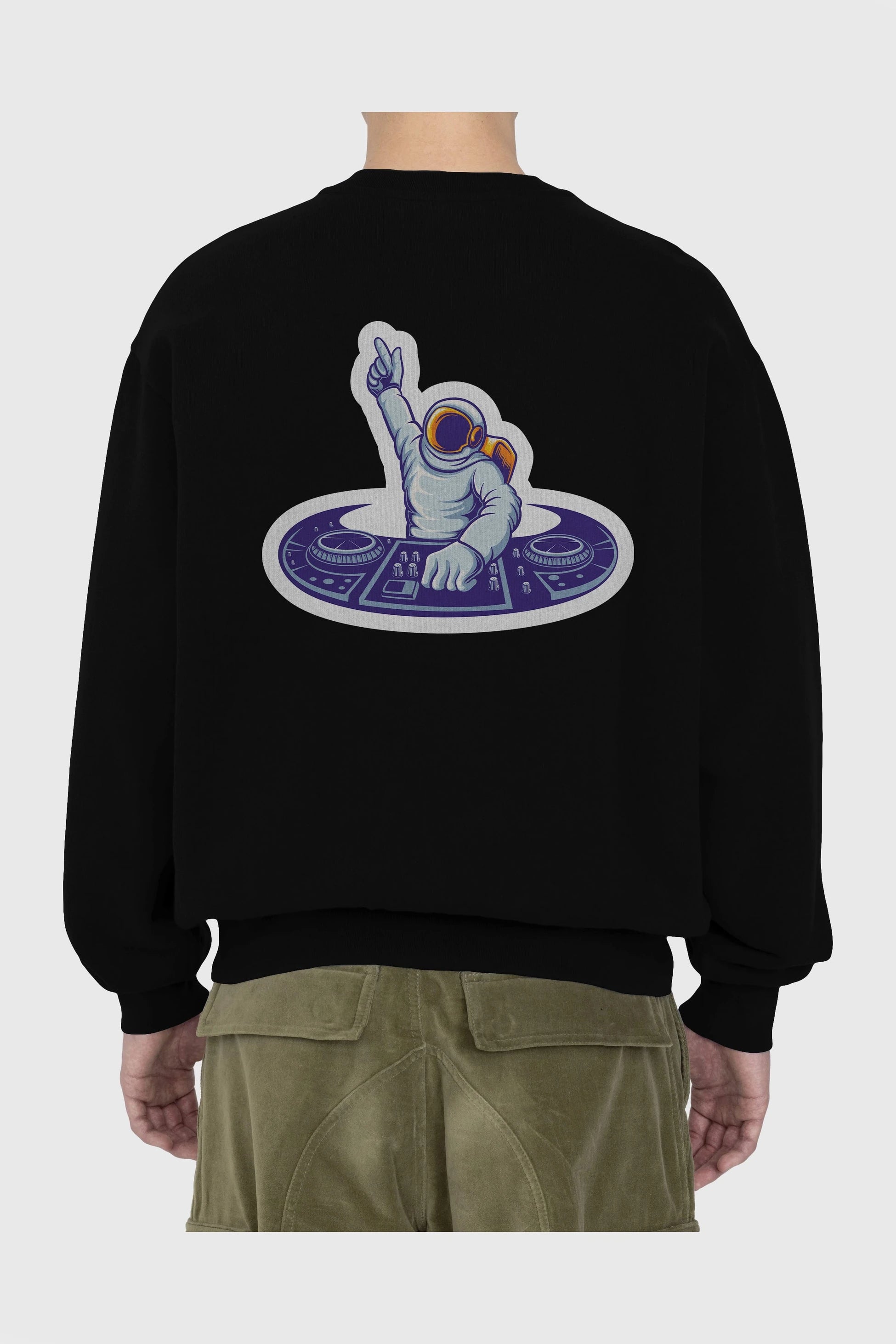 Astronaut Disk Jockey Party Sticker Arka Baskılı Oversize Sweatshirt Erkek Kadın Unisex