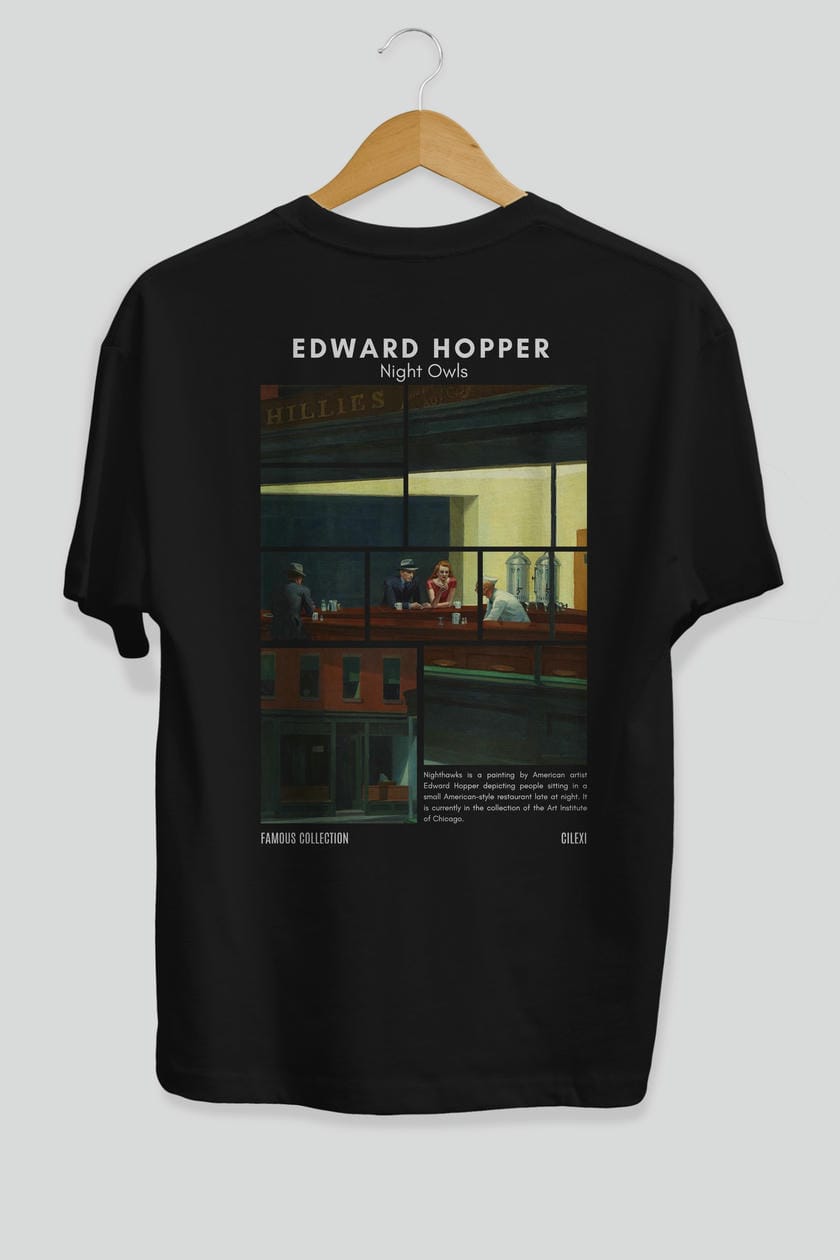 Edward Hopper Night Owls Arka Baskılı Oversize t-shirt Erkek Kadın Bisiklet Yaka Pamuk tişort