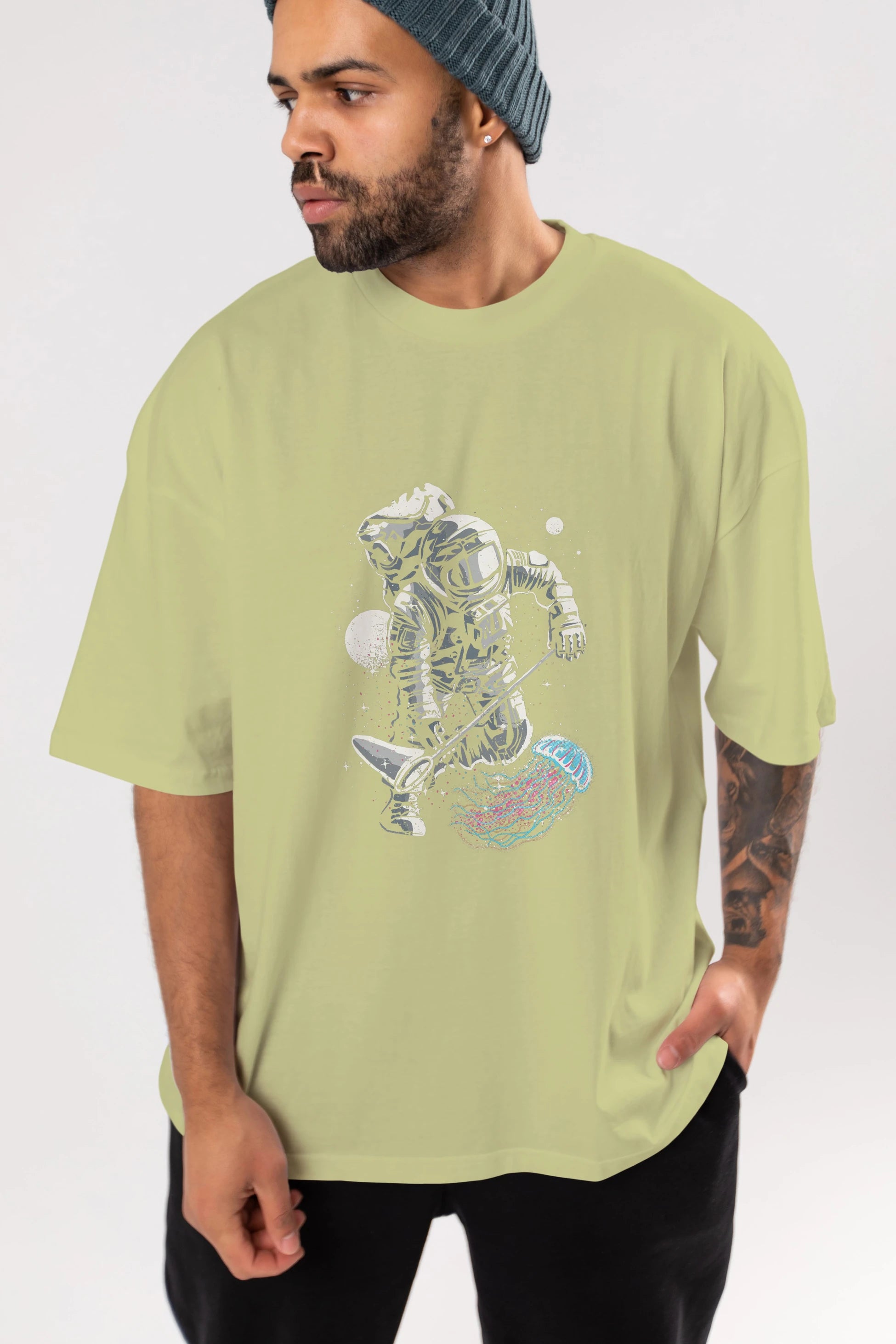 Astronaut Jellyfish Ön Baskılı Oversize t-shirt Erkek Kadın Unisex %100 Pamuk tişort