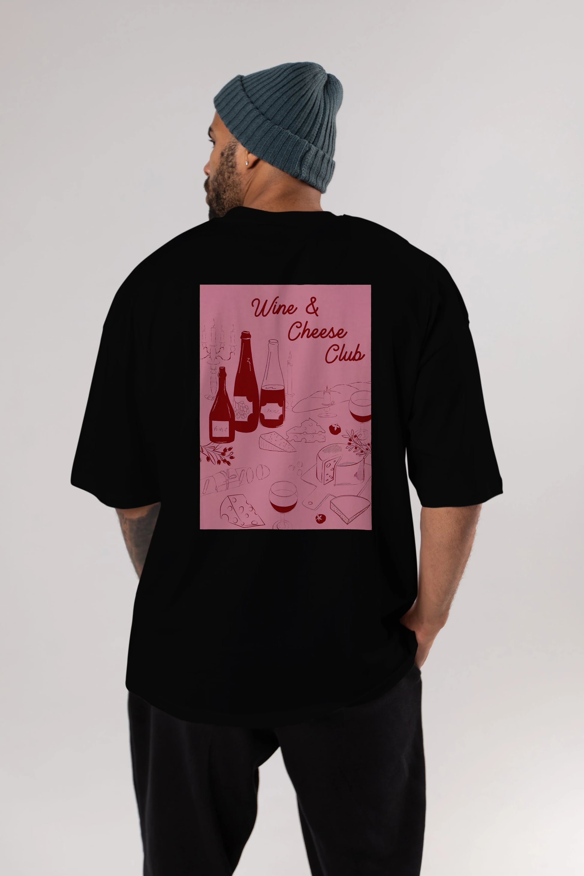 Wine Cheese Club Arka Baskılı Oversize t-shirt Erkek Kadın Unisex %100 Pamuk Bisiklet Yaka tişort