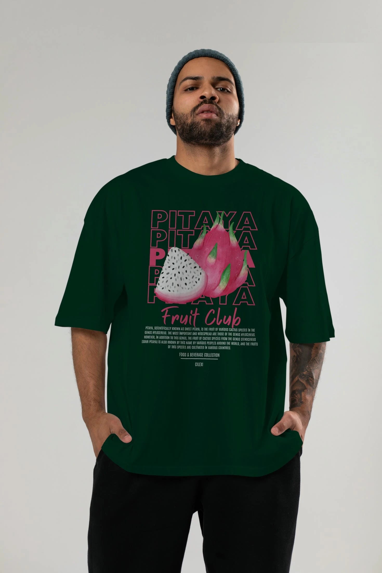 Pitaya Ön Baskılı Oversize t-shirt Erkek Kadın Pamuk Bisiklet Yaka tişort