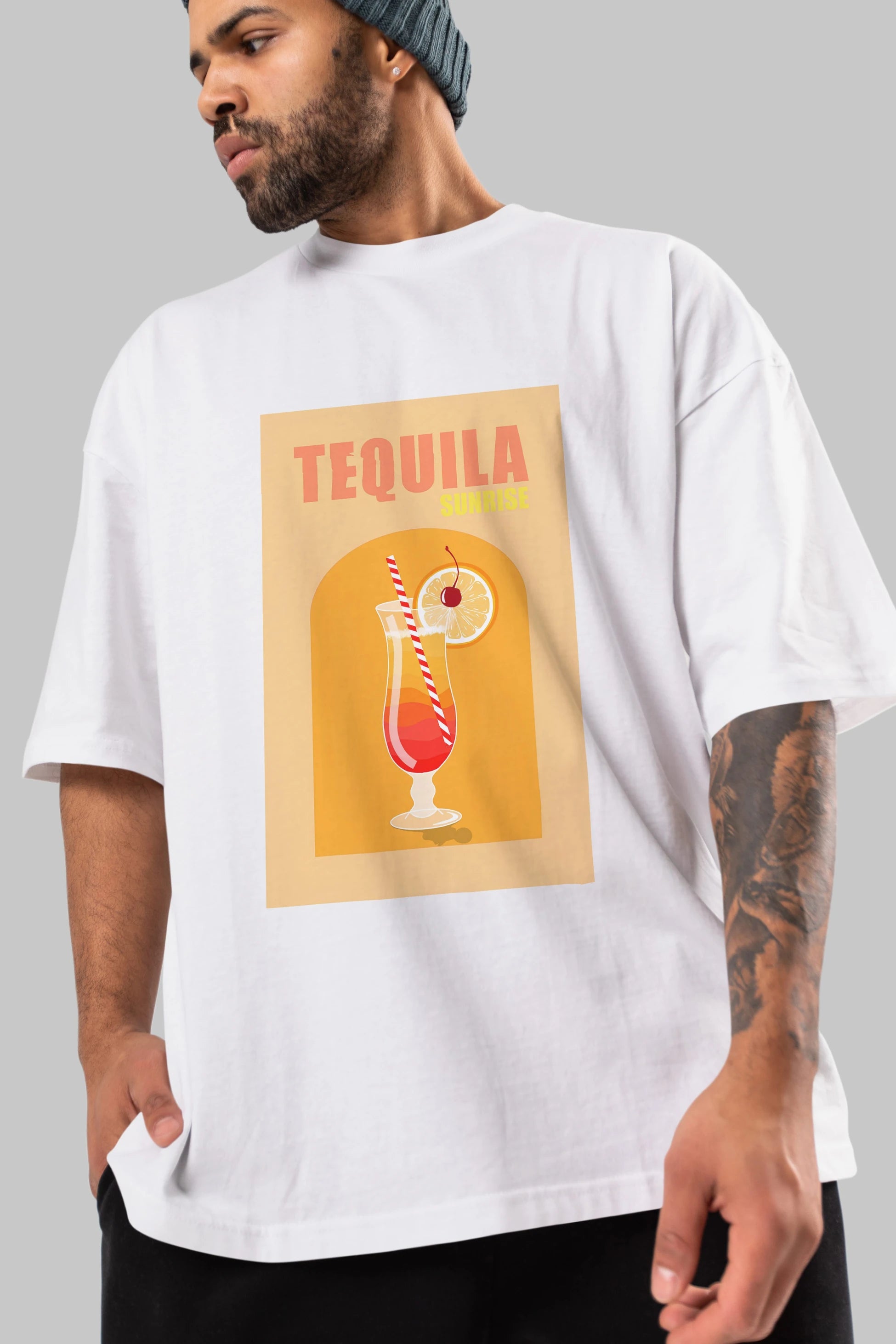 Tequila Sunrise Ön Baskılı Oversize t-shirt Erkek Kadın Unisex %100 Pamuk Bisiklet Yaka tişort