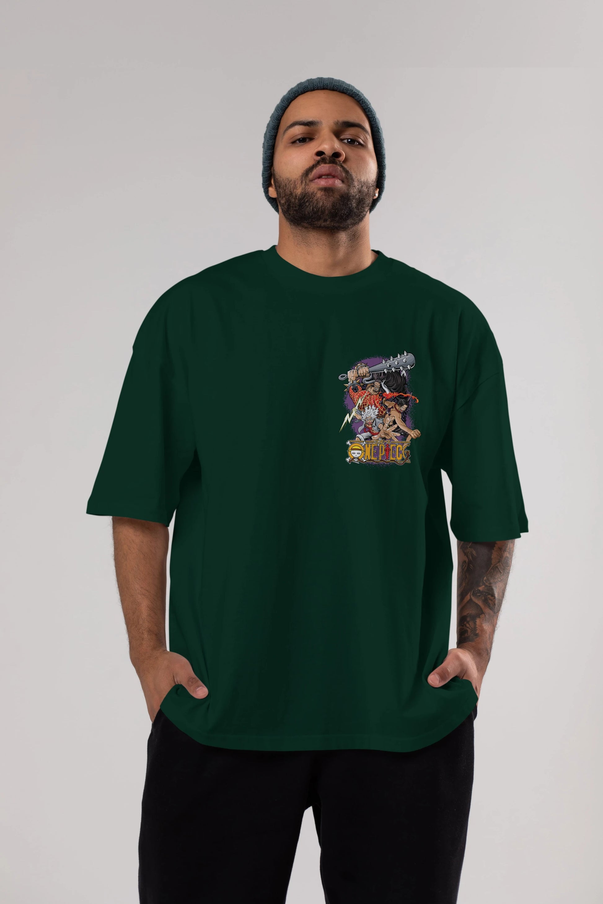 ONE PIECE (6) Ön Sol Baskılı Oversize t-shirt Erkek Kadın Unisex %100 Pamuk Bisiklet Yaka tişort