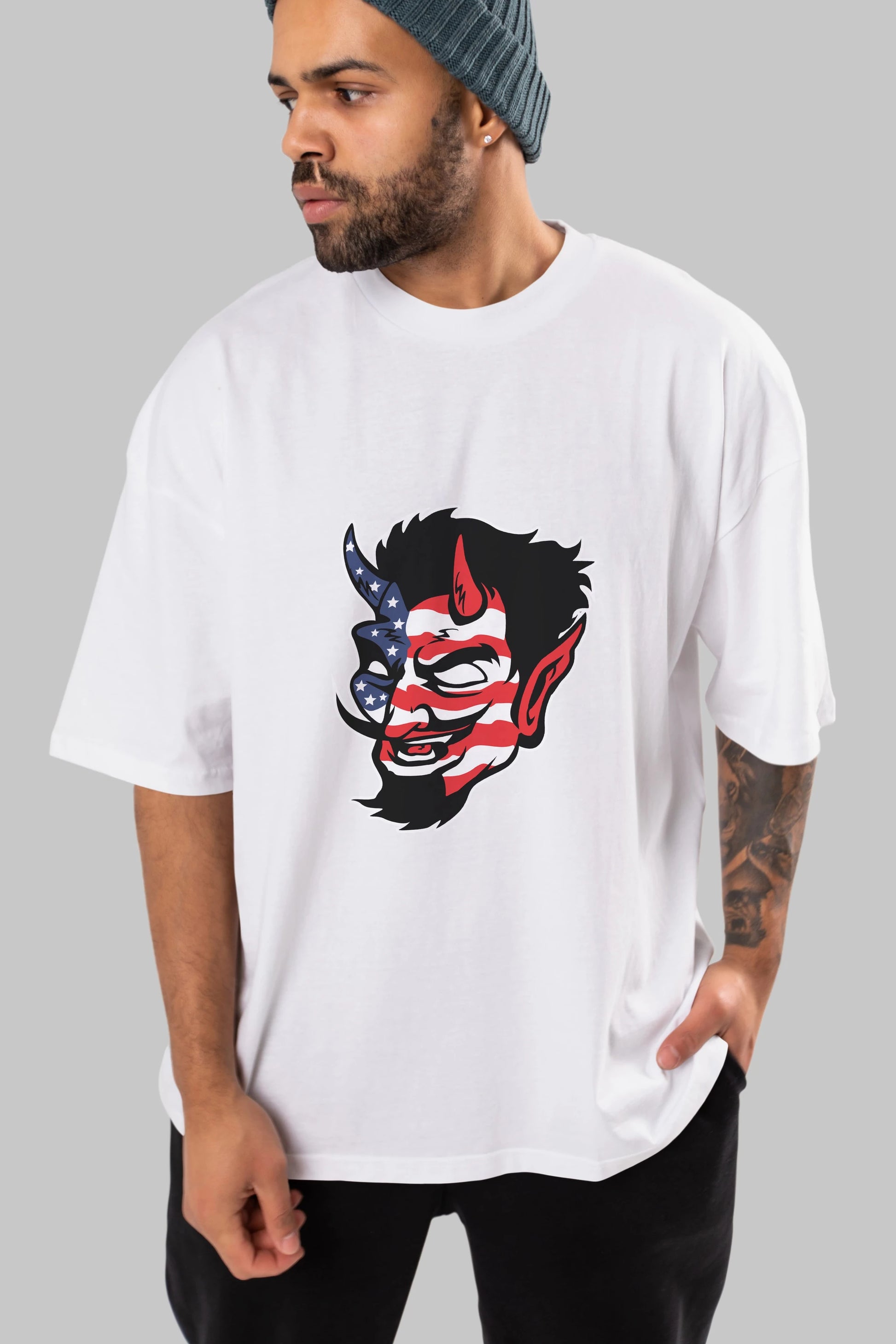 American Devil Ön Baskılı Oversize t-shirt Erkek Kadın Unisex %100 Pamuk tişort