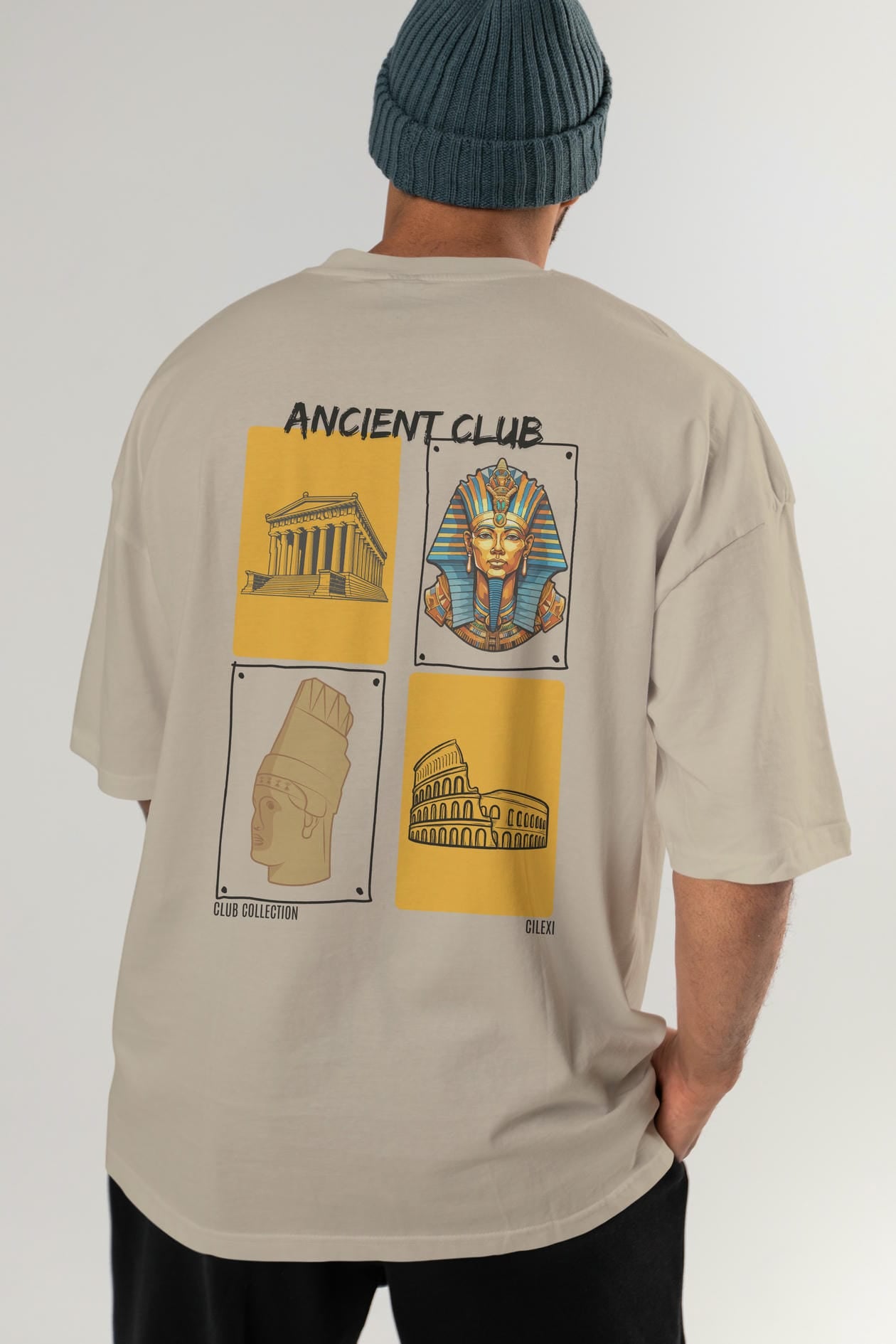 Ancient Club Arka Baskılı Oversize t-shirt Erkek Kadın %100 Pamuk Bisiklet Yaka tişort