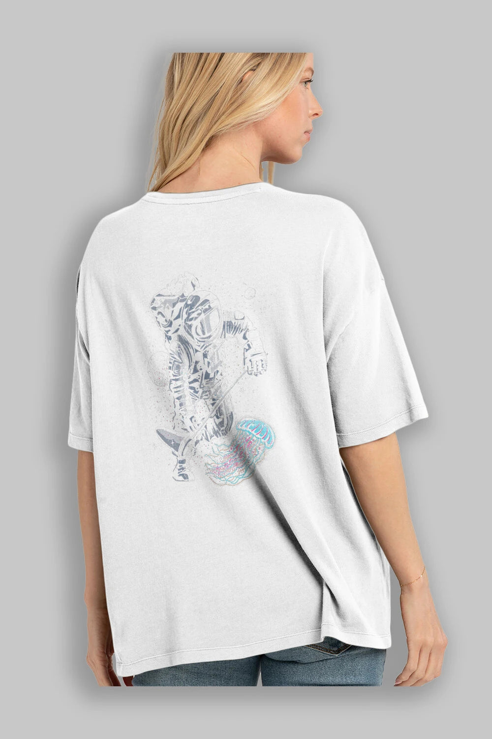 Astronaut Jellyfish Arka Baskılı Oversize t-shirt Erkek Kadın Unisex %100 Pamuk