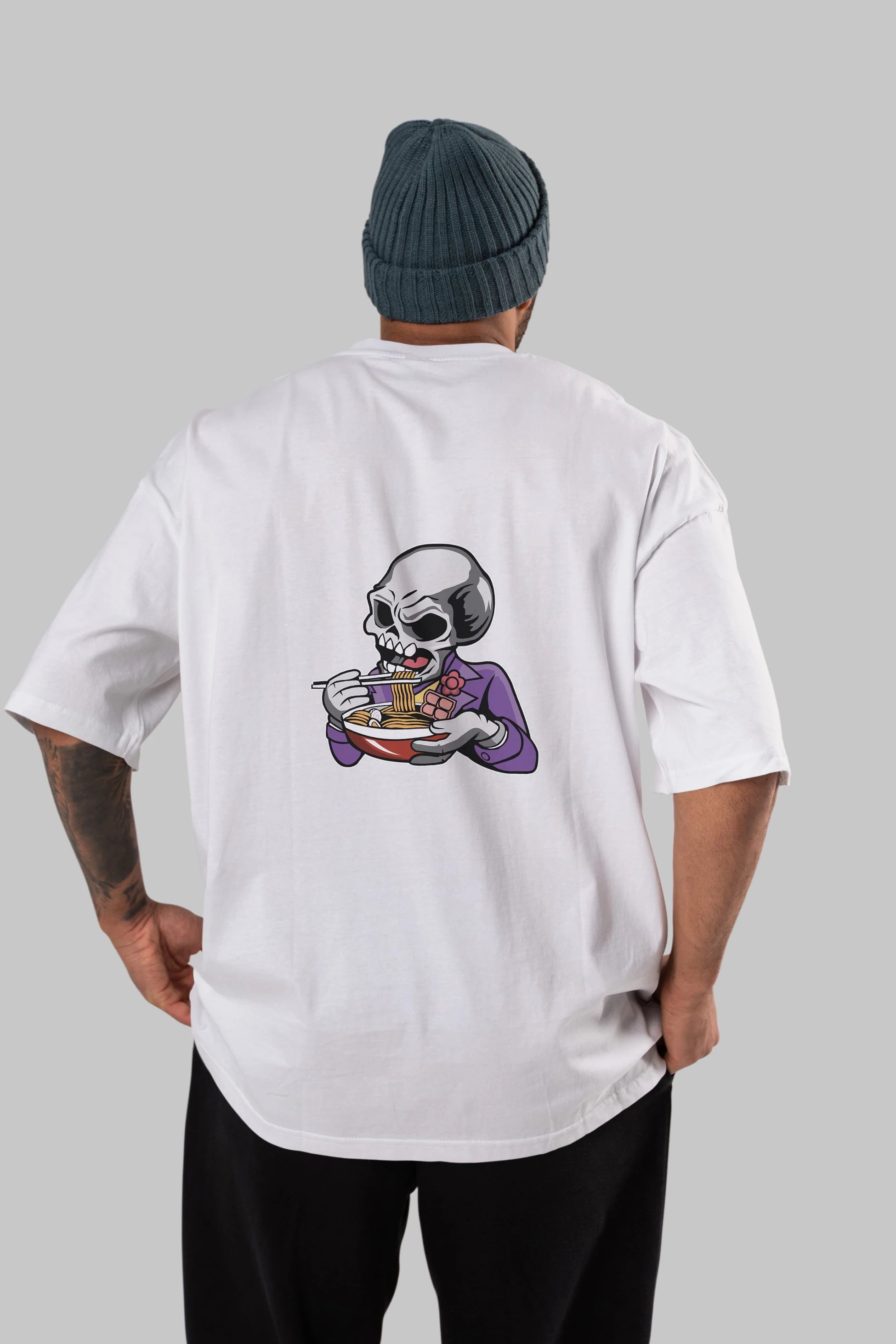 Skull Ramen Arka Baskılı Oversize t-shirt Erkek Kadın Unisex %100 Pamuk tişort