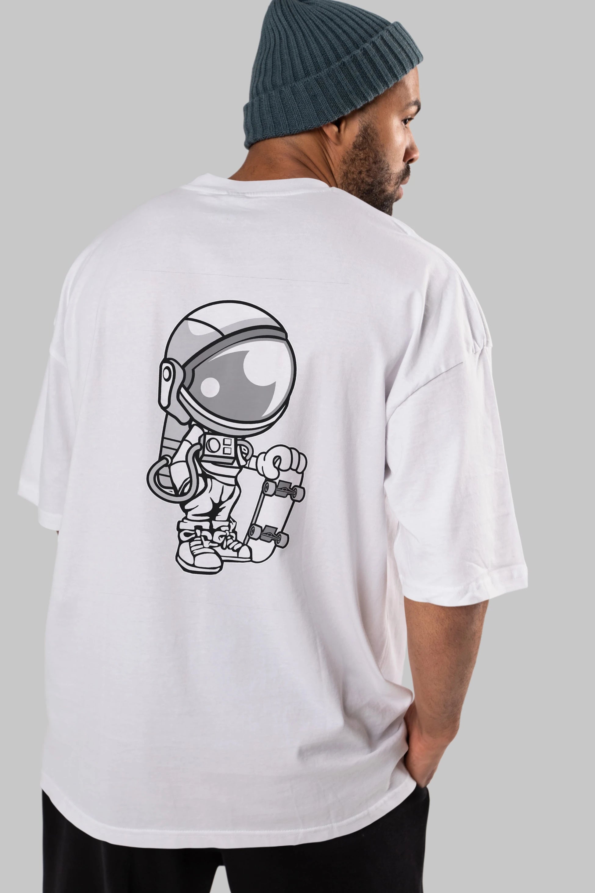 Astronaut Skaterboy Arka Baskılı Oversize t-shirt Erkek Kadın Unisex %100 Pamuk tişort