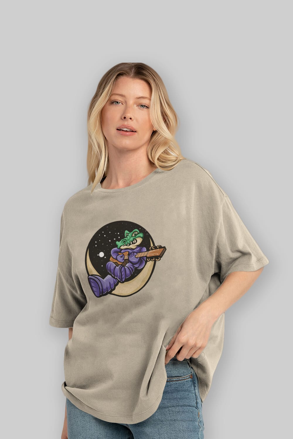 Space Crocodile Ön Baskılı Oversize t-shirt Erkek Kadın Unisex