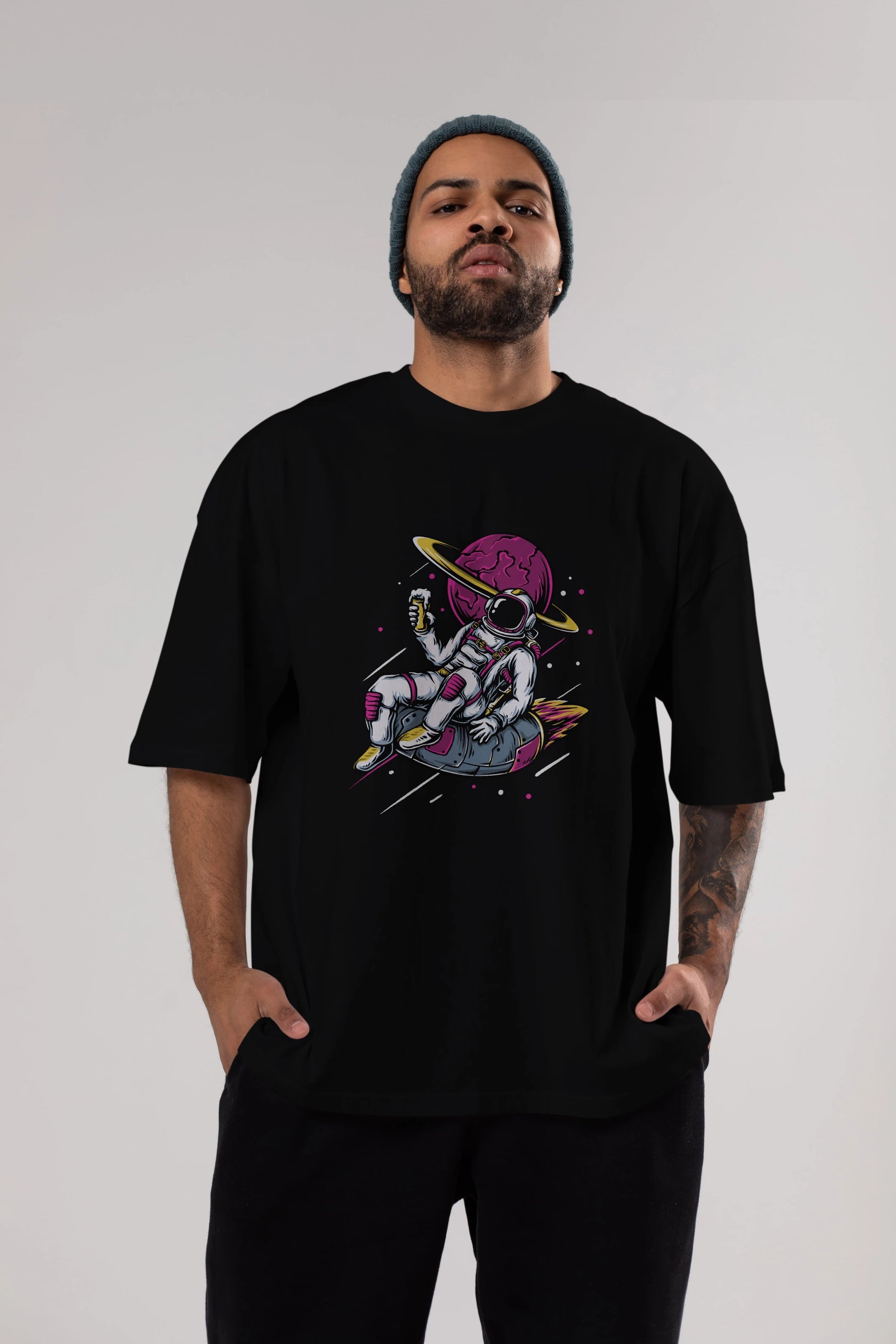 Astronaut Beer Ön Baskılı Oversize t-shirt Erkek Kadın Unisex