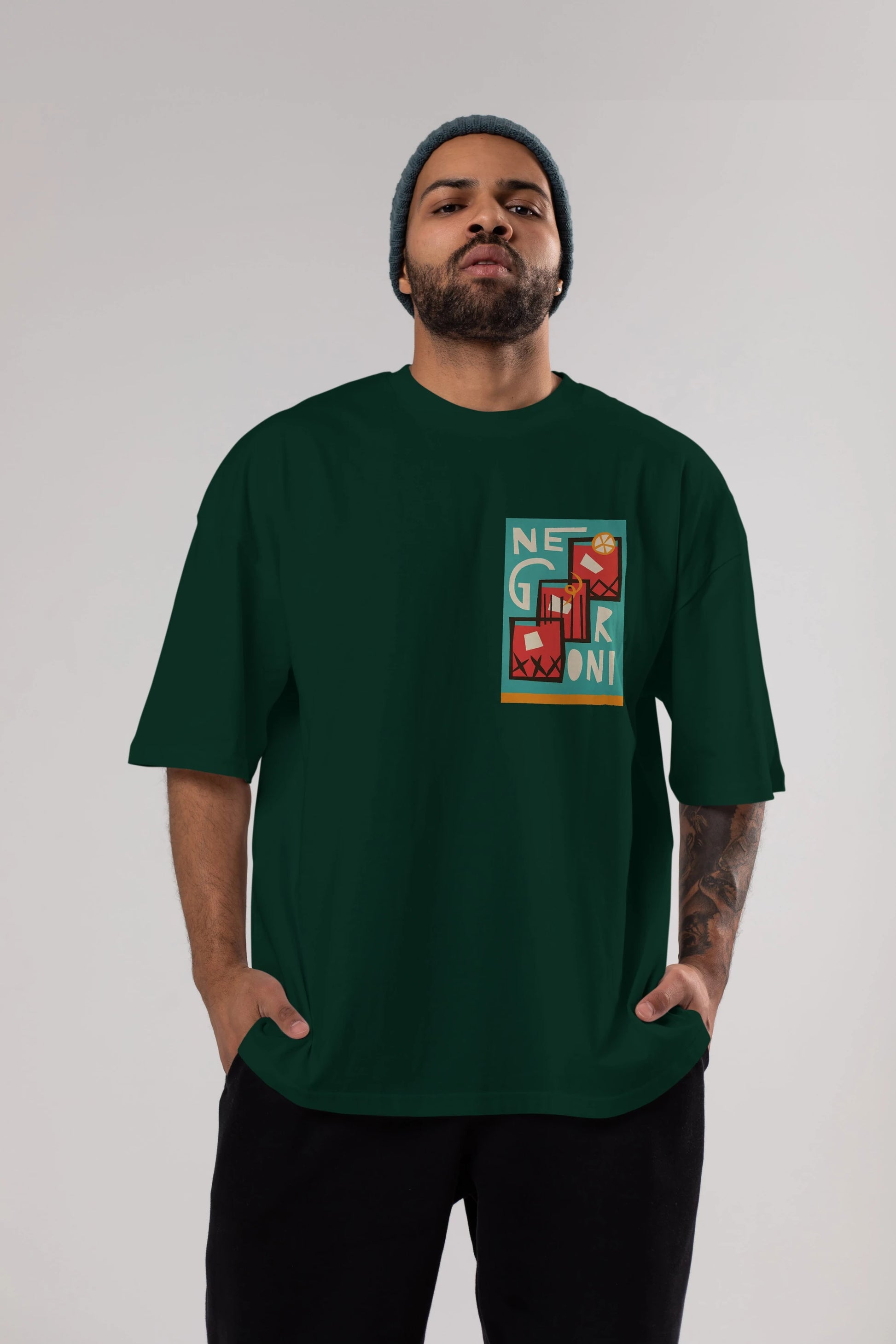 Negroni 3 Ön Sol Baskılı Oversize t-shirt Erkek Kadın Unisex %100 Pamuk Bisiklet Yaka tişort