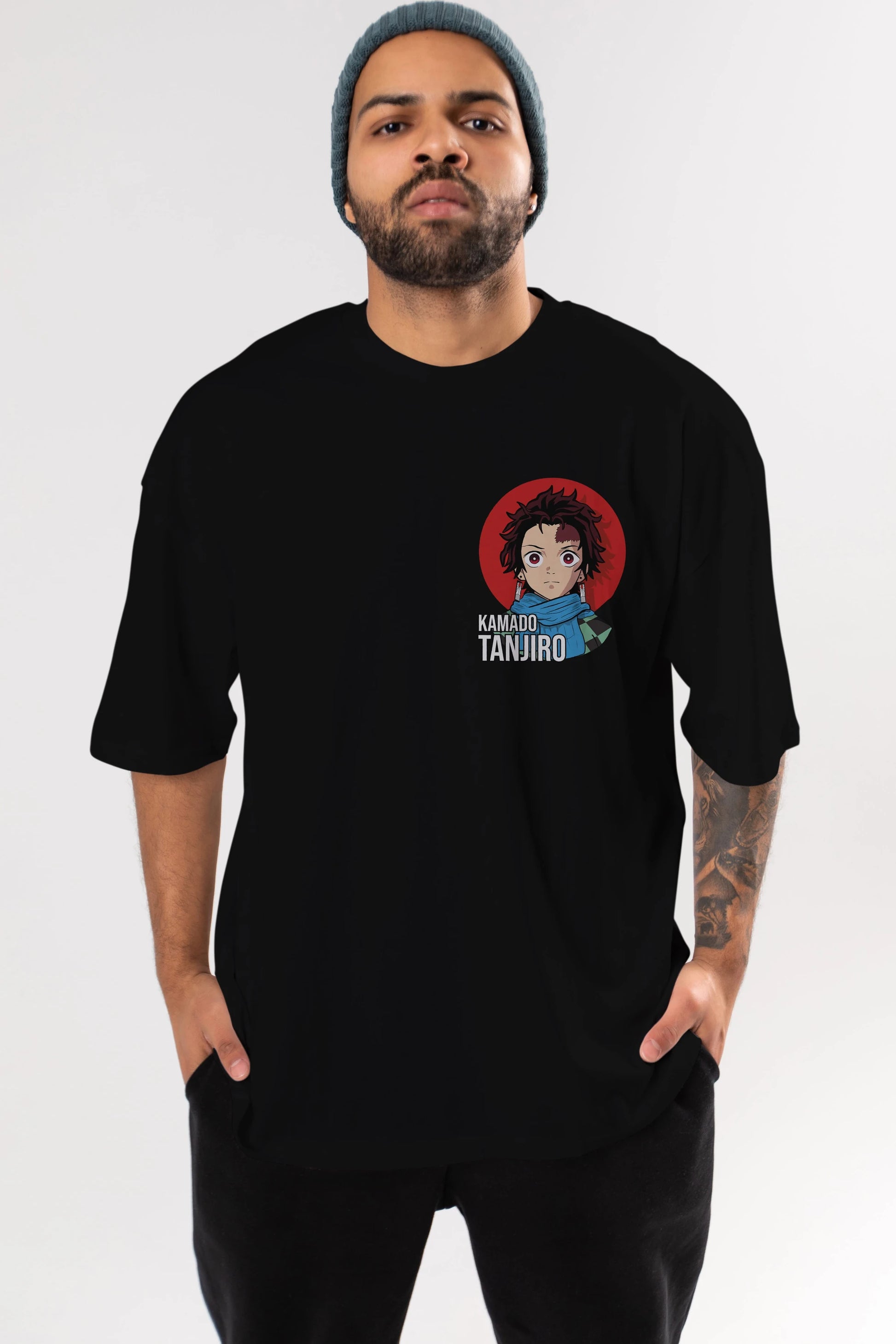 TANJIRO KAMADO Ön Sol Baskılı Oversize t-shirt Erkek Kadın Unisex %100 Pamuk Bisiklet Yaka tişort