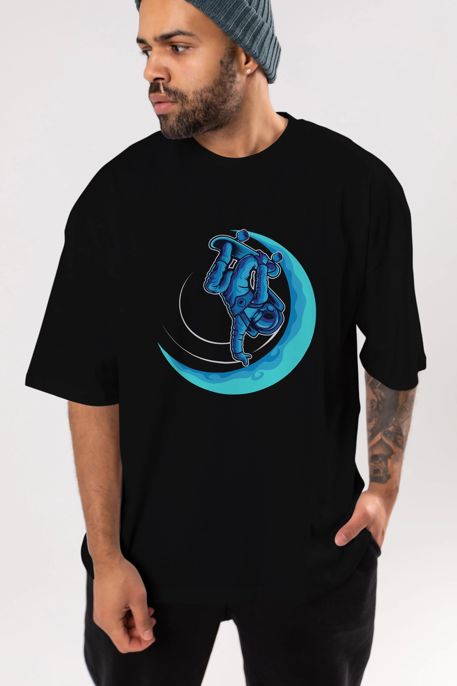 Skating on the moon Ön Baskılı Oversize t-shirt Erkek Kadın Unisex