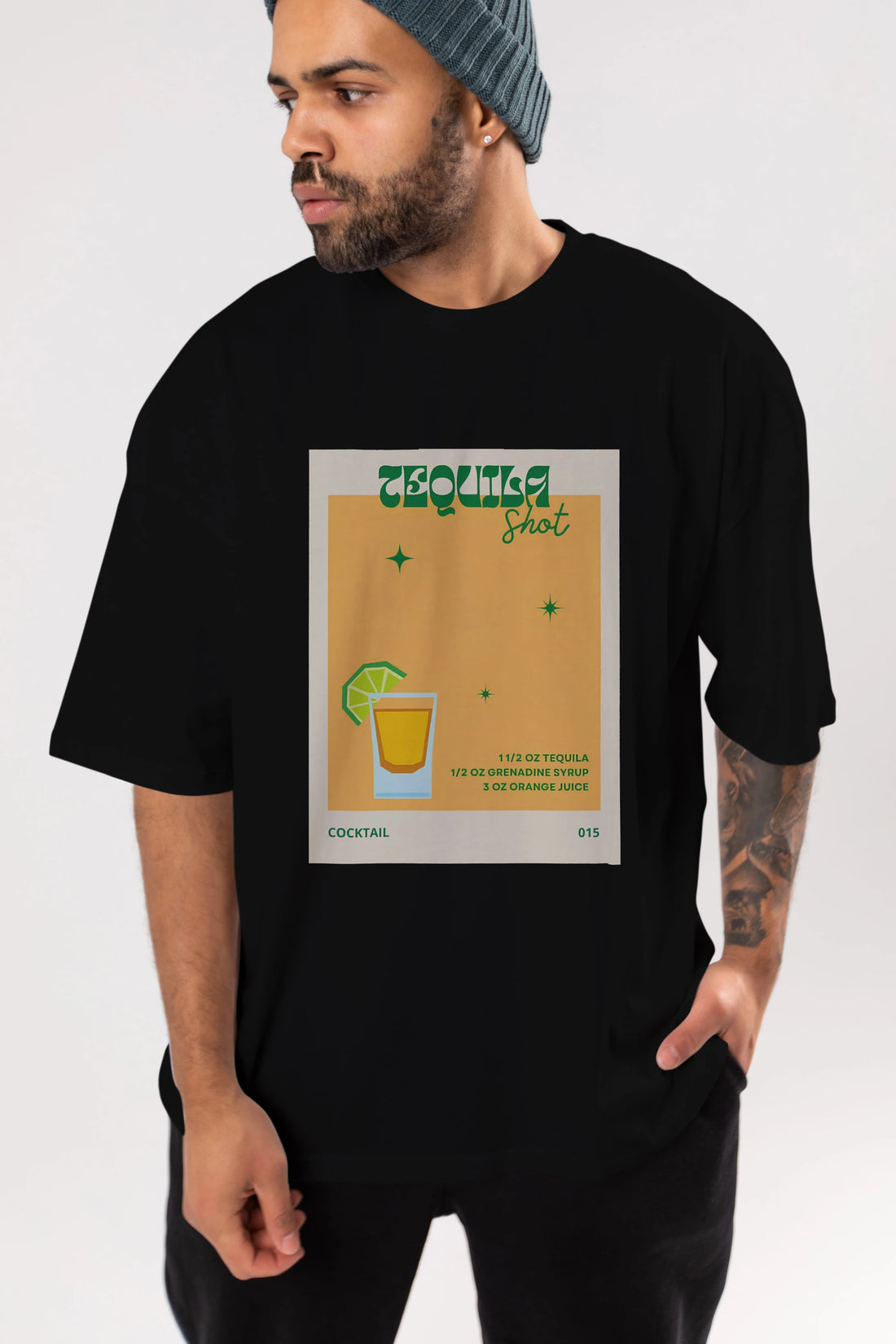 Tequila Shot 2 Ön Baskılı Oversize t-shirt Erkek Kadın Unisex %100 Pamuk Bisiklet Yaka tişort