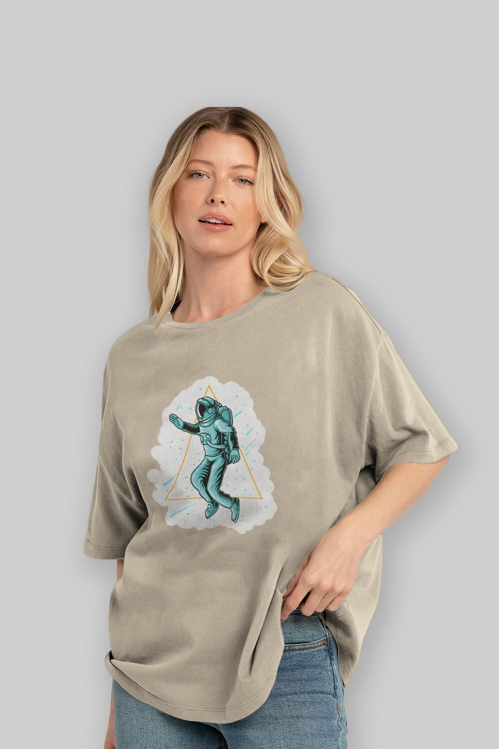 Astronaut Starry Triangle Sticker Ön Baskılı Oversize t-shirt Erkek Kadın Unisex