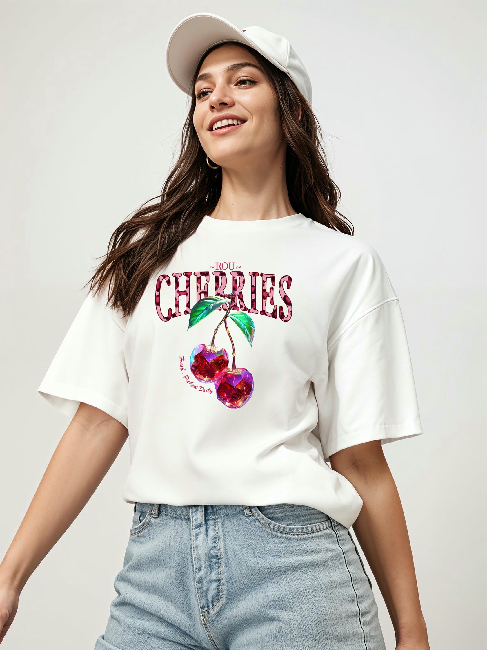 Cherry Cherries 4 Ön Baskılı Oversize t-shirt Erkek Kadın Pamuk Bisiklet Yaka tişort