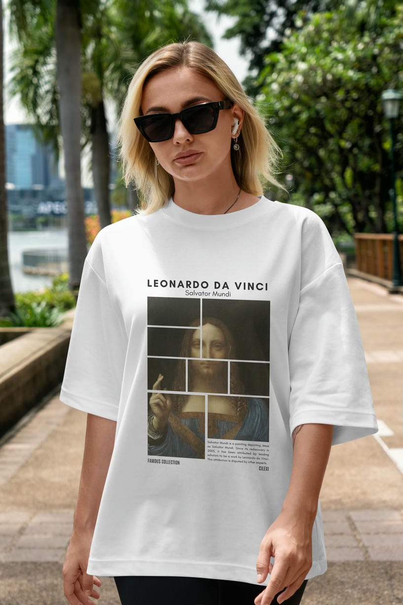 Salvador Mundi ön Baskılı Oversize t-shirt Erkek Kadın Bisiklet Yaka Pamuk tişort