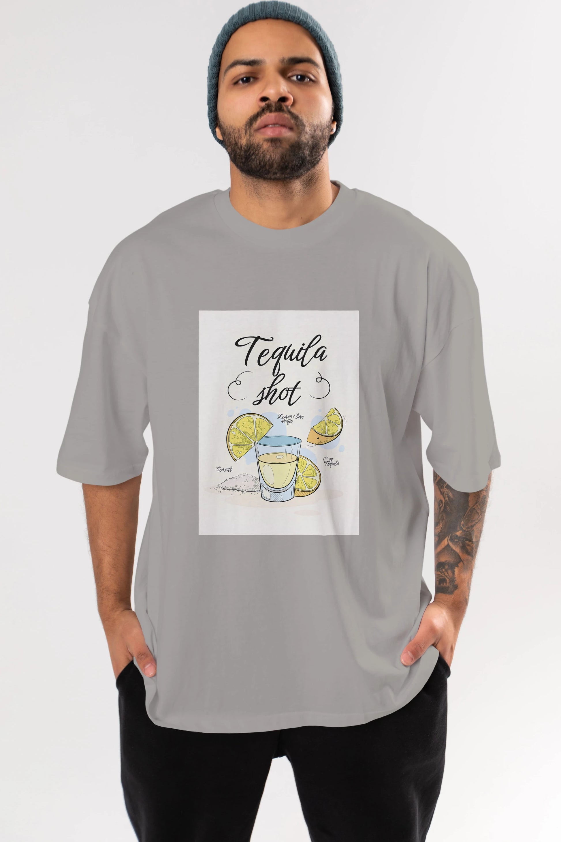 Tequila Shot Ön Baskılı Oversize t-shirt Erkek Kadın Unisex %100 Pamuk Bisiklet Yaka tişort