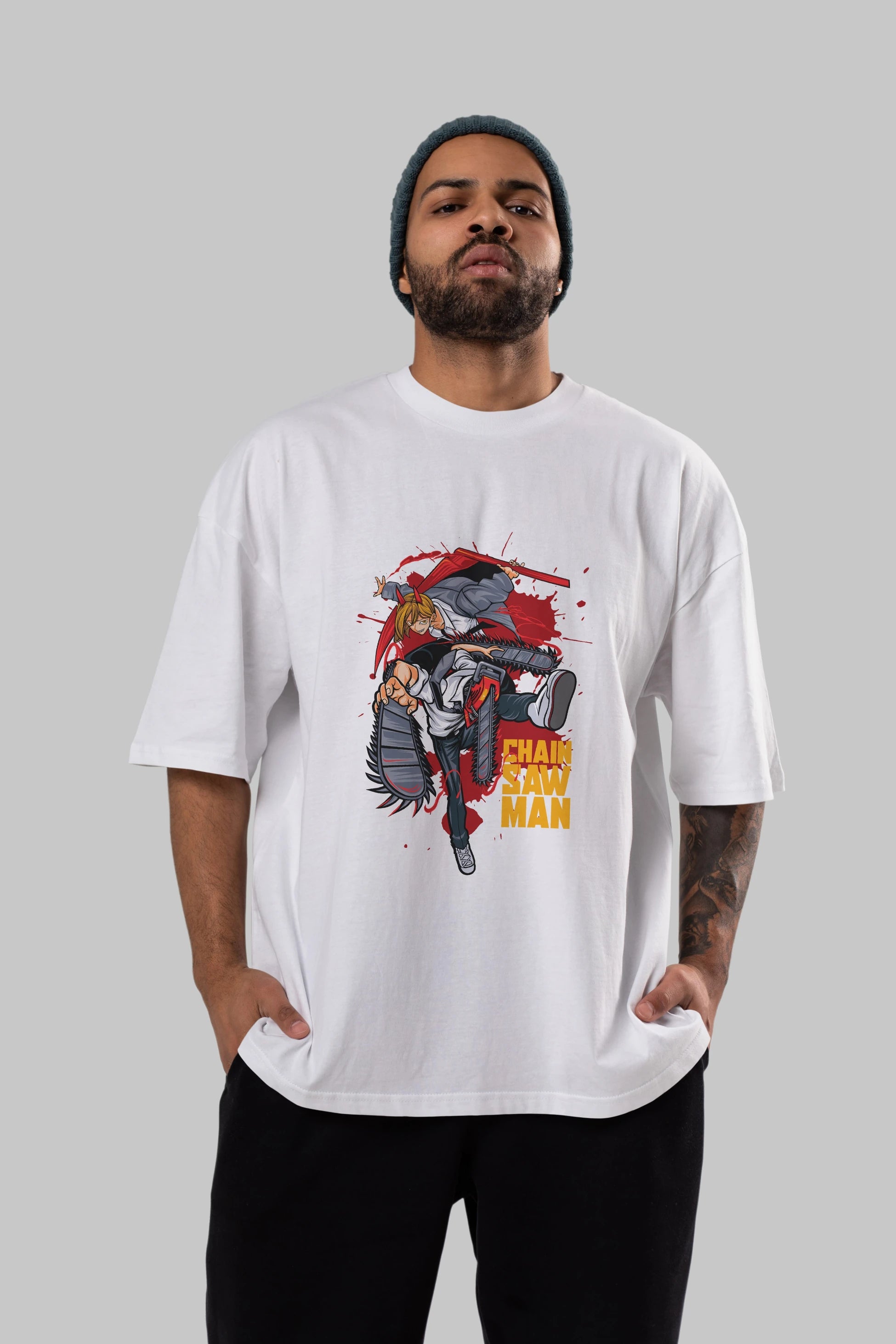DENJI and POWER Anime Ön Baskılı Oversize t-shirt %100 pamuk Erkek Kadın Unisex