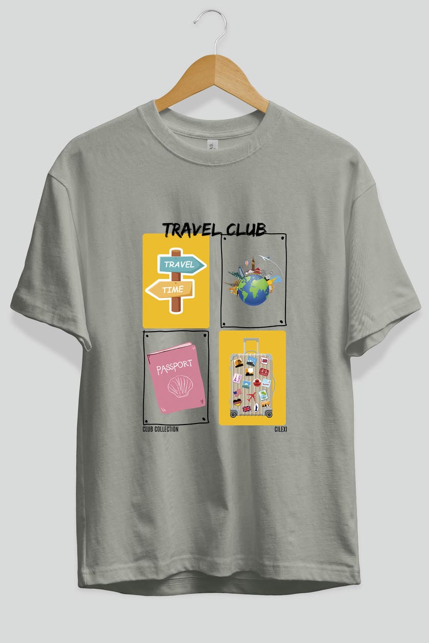 Travel Club ön Baskılı Oversize t-shirt Erkek Kadın %100 Pamuk Bisiklet Yaka tişort