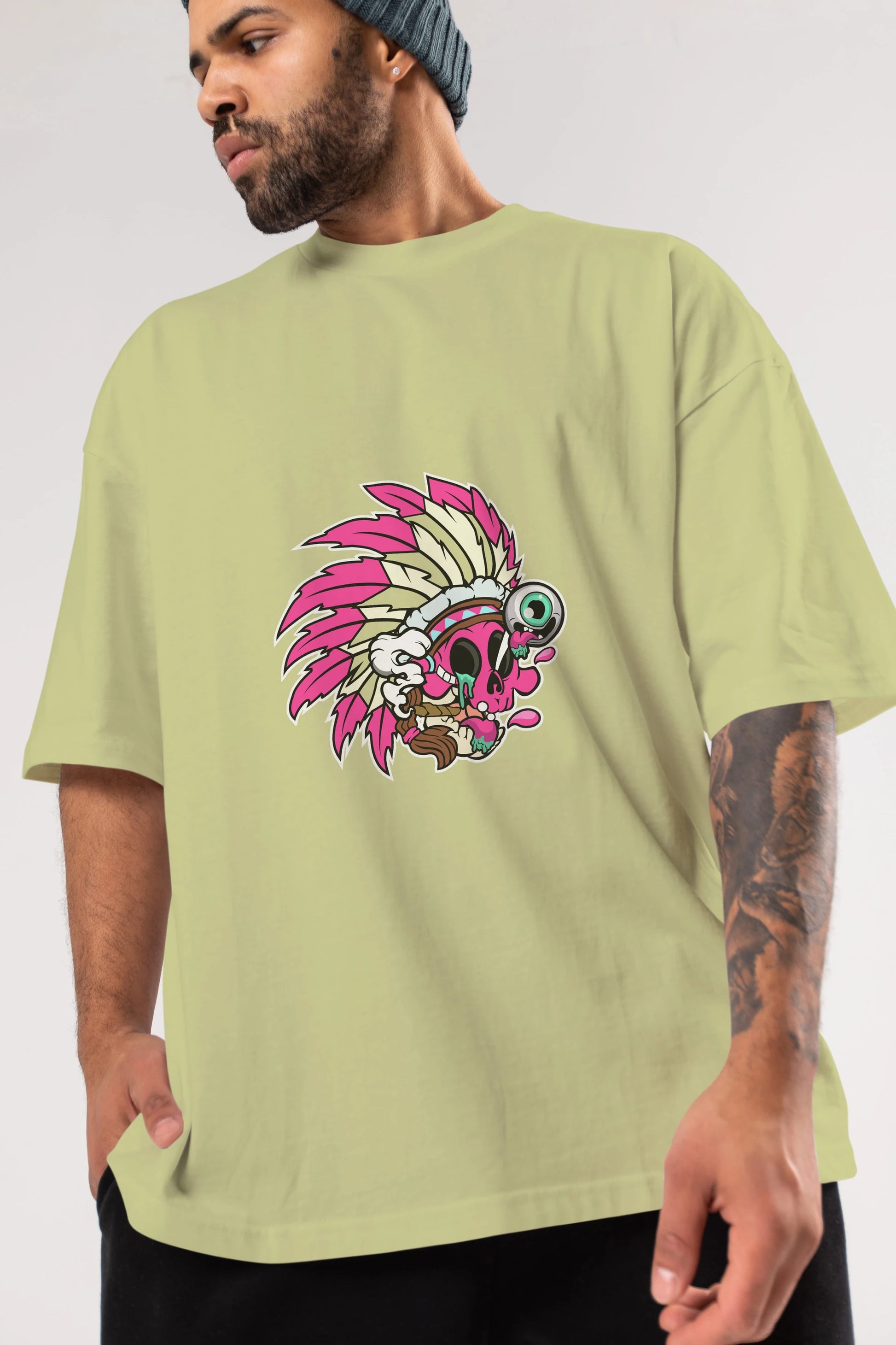 Skull Indian Ön Baskılı Oversize t-shirt Erkek Kadın Unisex %100 Pamuk tişort