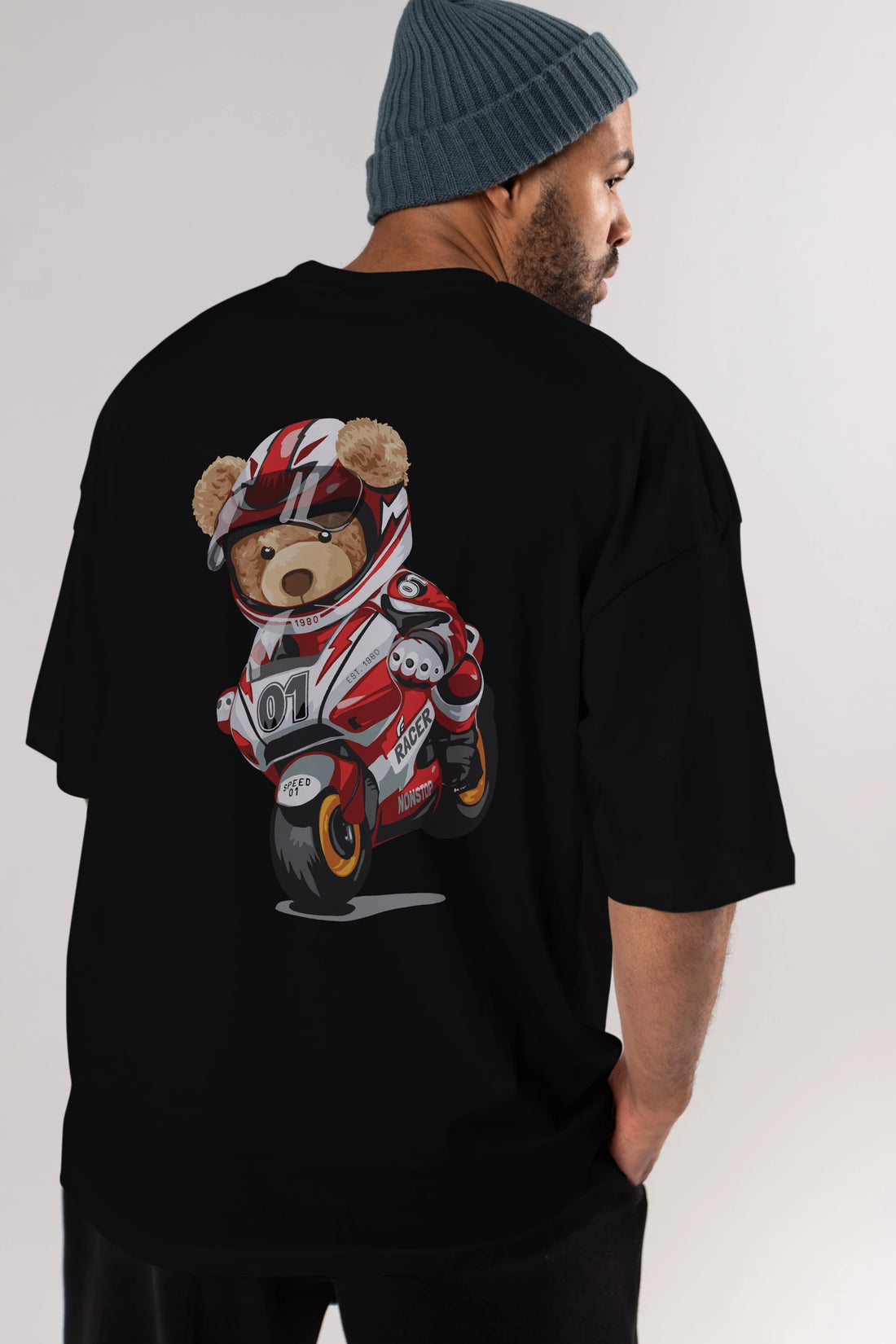 Teddy Bear Racer Arka Baskılı Oversize t-shirt Erkek Kadın Unisex %100 Pamuk