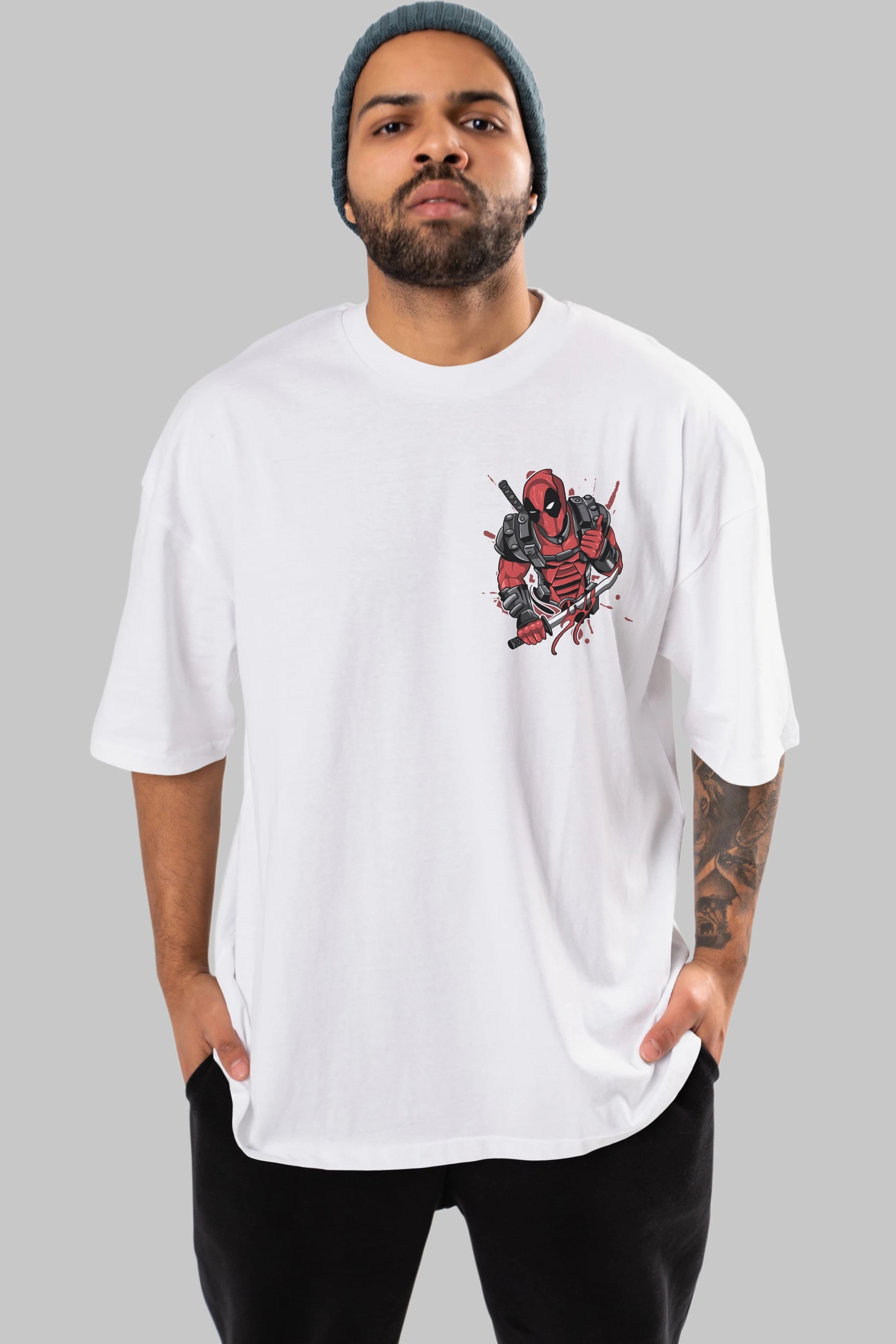 Deadpool (12) Ön Sol Baskılı Oversize t-shirt Erkek Kadın Unisex %100 Pamuk Bisiklet Yaka tişort