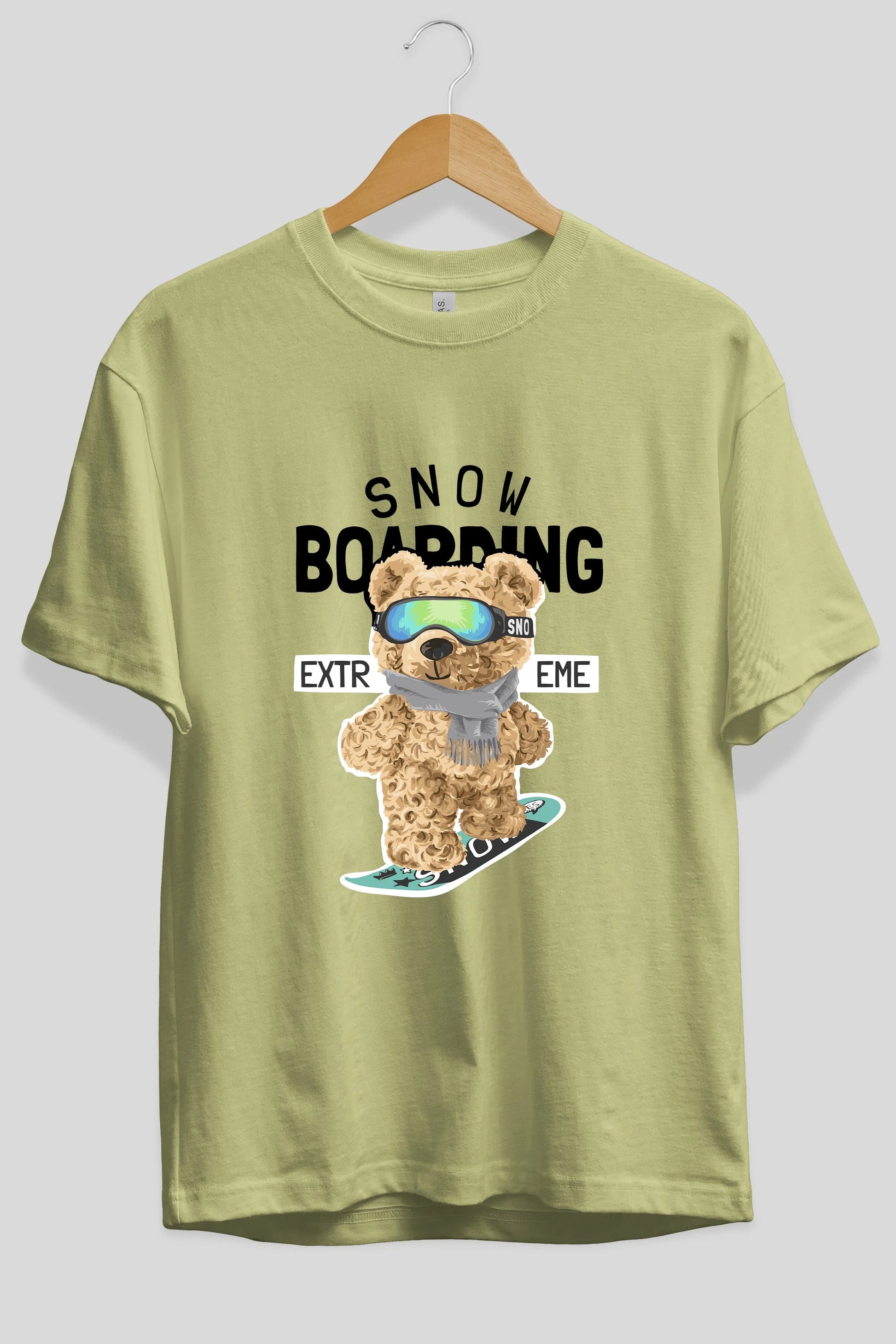 Teddy Bear Snow Boarding Ön Baskılı Oversize t-shirt Erkek Kadın Unisex %100 Pamuk