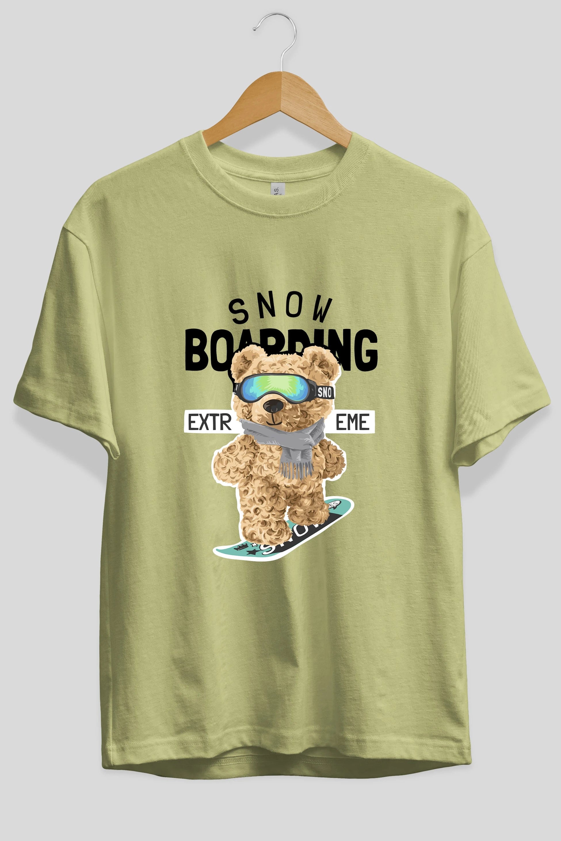 Teddy Bear Snow Boarding Ön Baskılı Oversize t-shirt Erkek Kadın Unisex %100 Pamuk