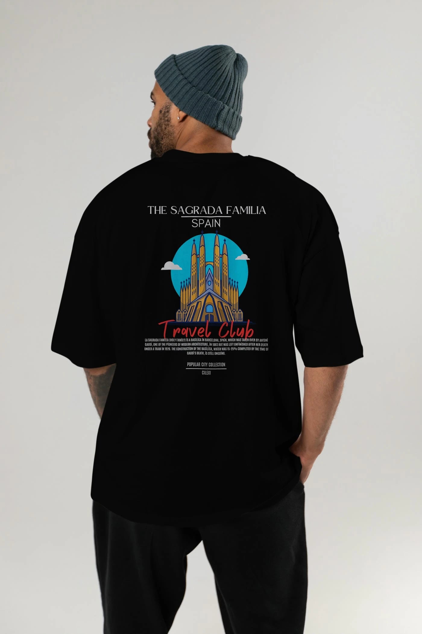The Sagrada Familia Spain Arka Baskılı Oversize t-shirt Erkek Kadın Pamuk Bisiklet Yaka tişort