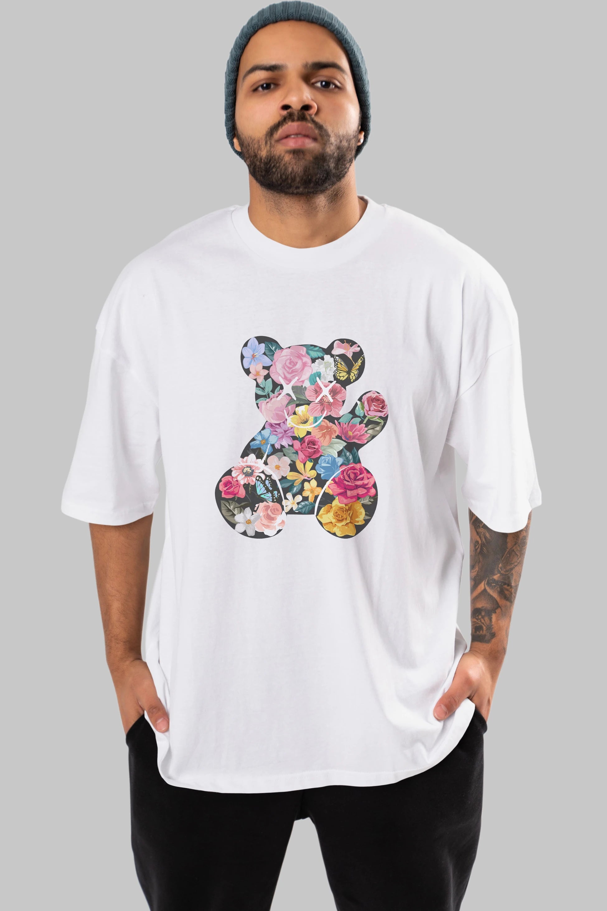 Flowers Bear Ön Baskılı Oversize t-shirt Erkek Kadın Unisex