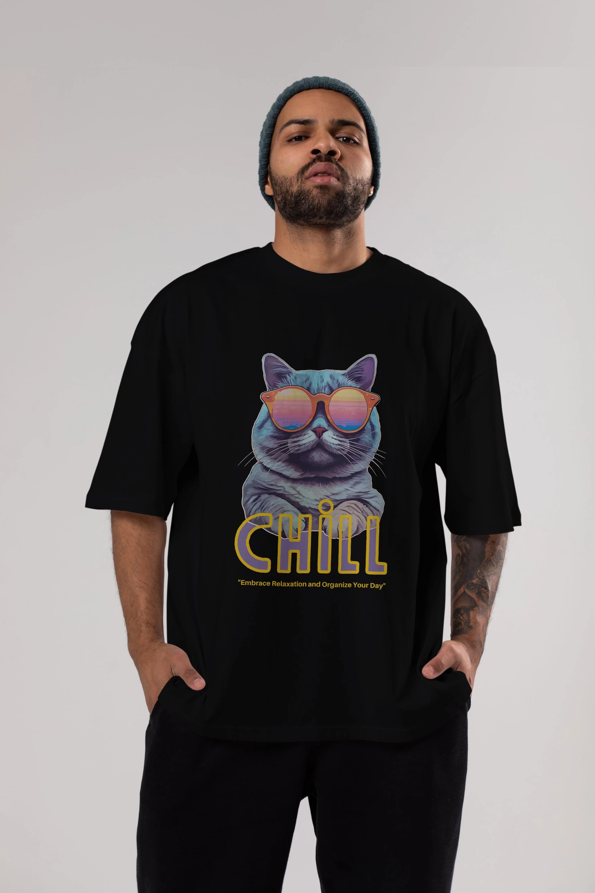 Chill Cat Ön Baskılı Oversize t-shirt Erkek Kadın Unisex