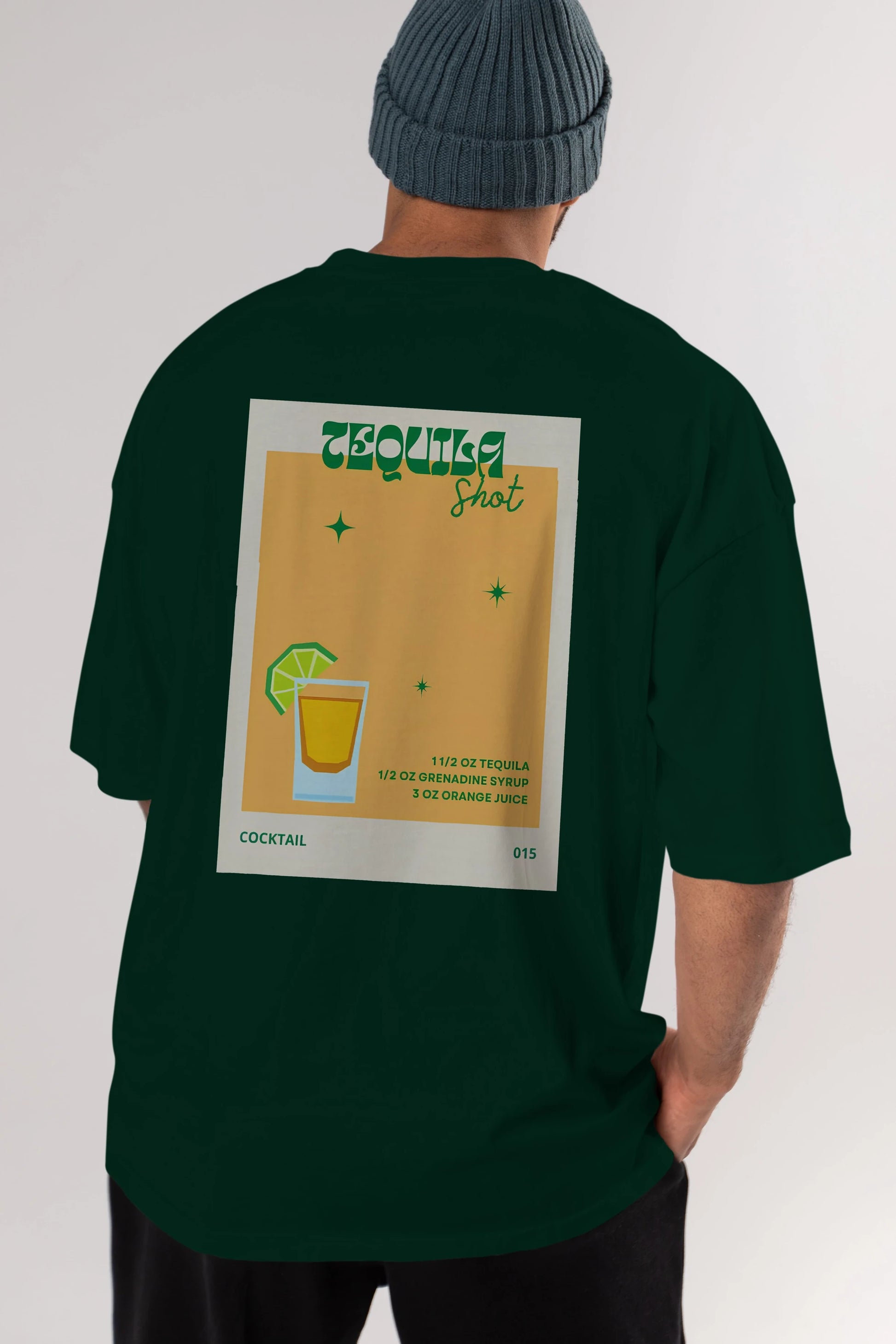 Tequila Shot 2 Arka Baskılı Oversize t-shirt Erkek Kadın Unisex %100 Pamuk Bisiklet Yaka tişort