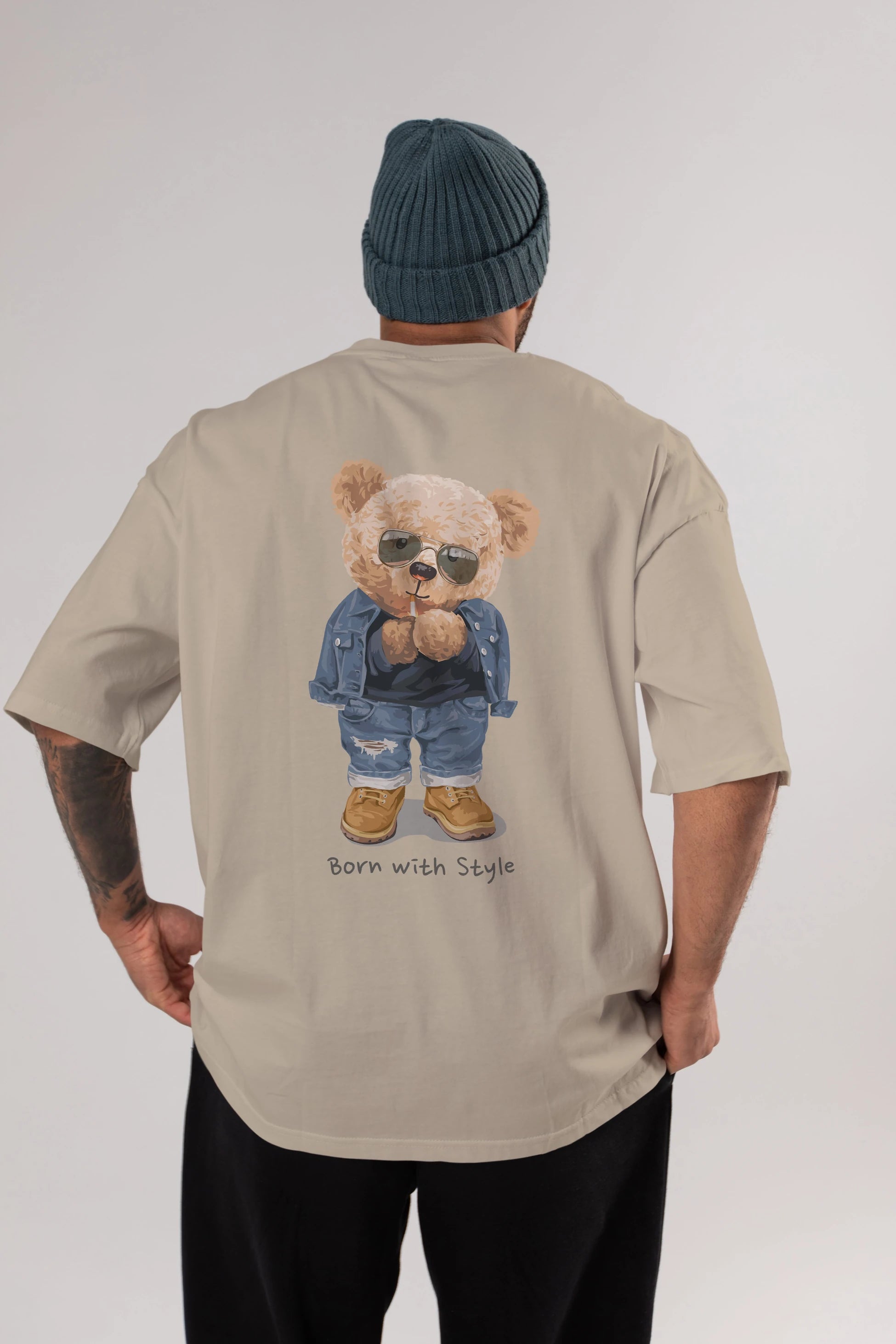 Teddy Bear Born With Style Arka Baskılı Oversize t-shirt Erkek Kadın Unisex %100 Pamuk