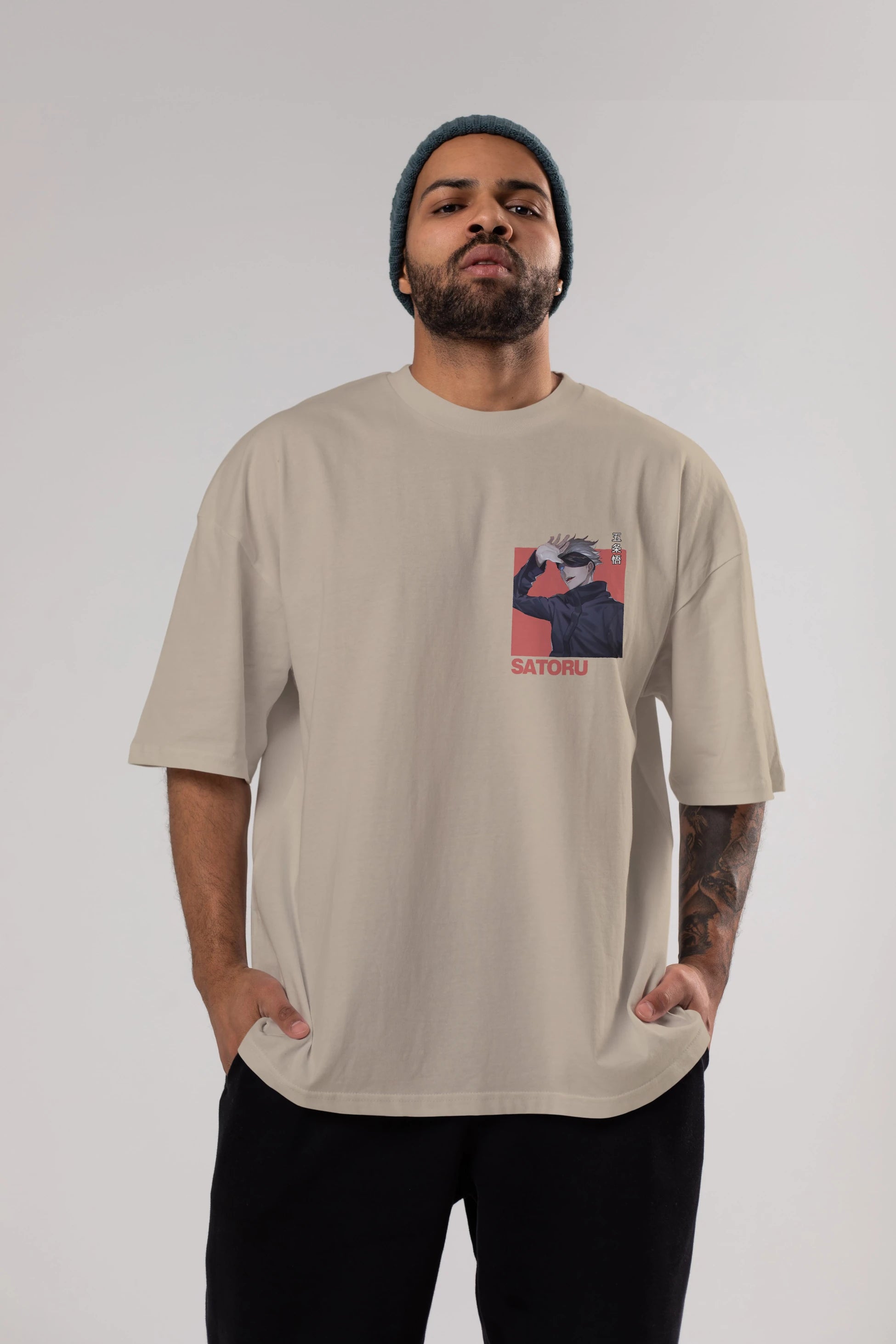 SATORU GOJO 2 Ön Sol Baskılı Oversize t-shirt Erkek Kadın Unisex %100 Pamuk Bisiklet Yaka tişort
