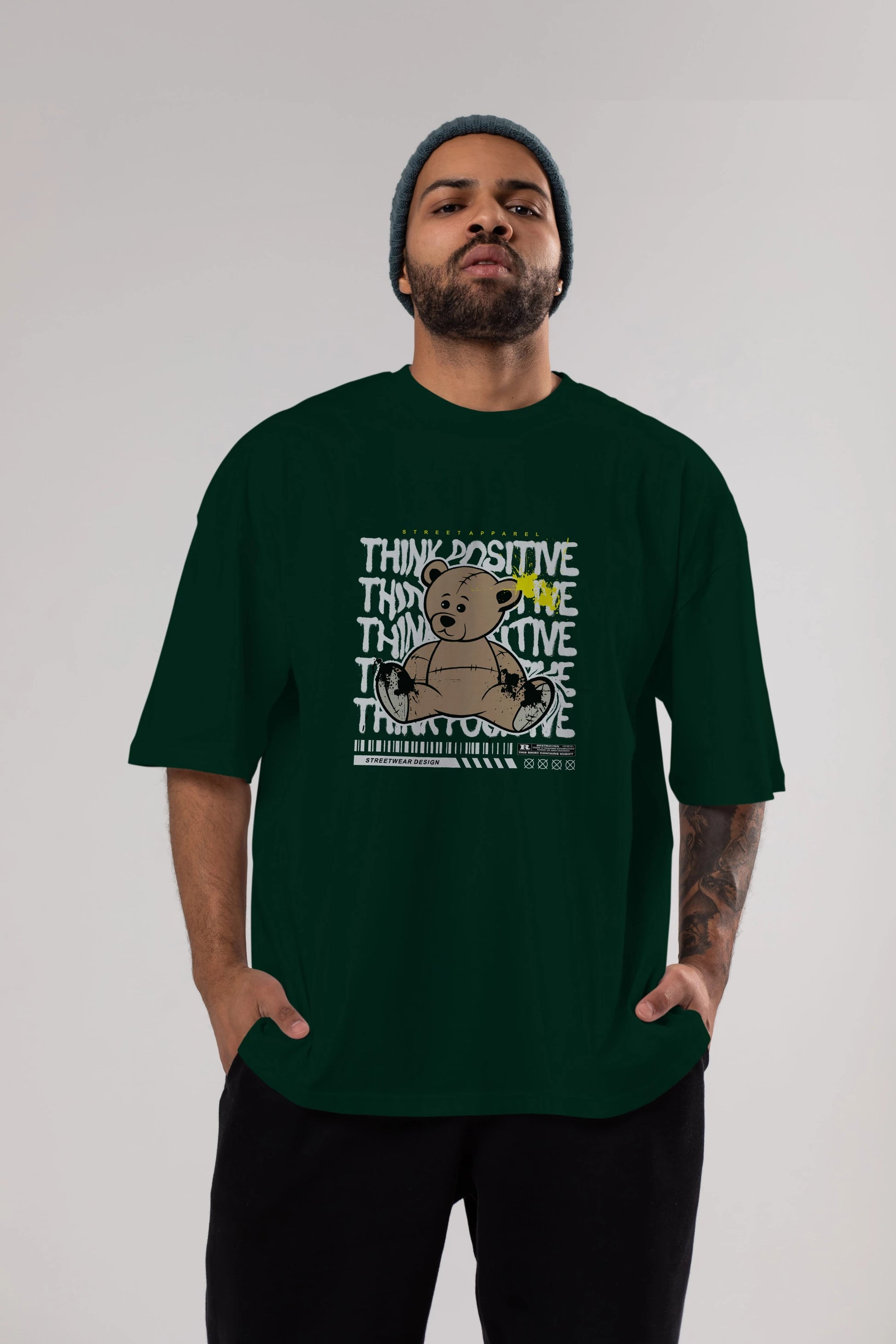Teddy Bear Think Positive Ön Baskılı Oversize t-shirt Erkek Kadın Unisex
