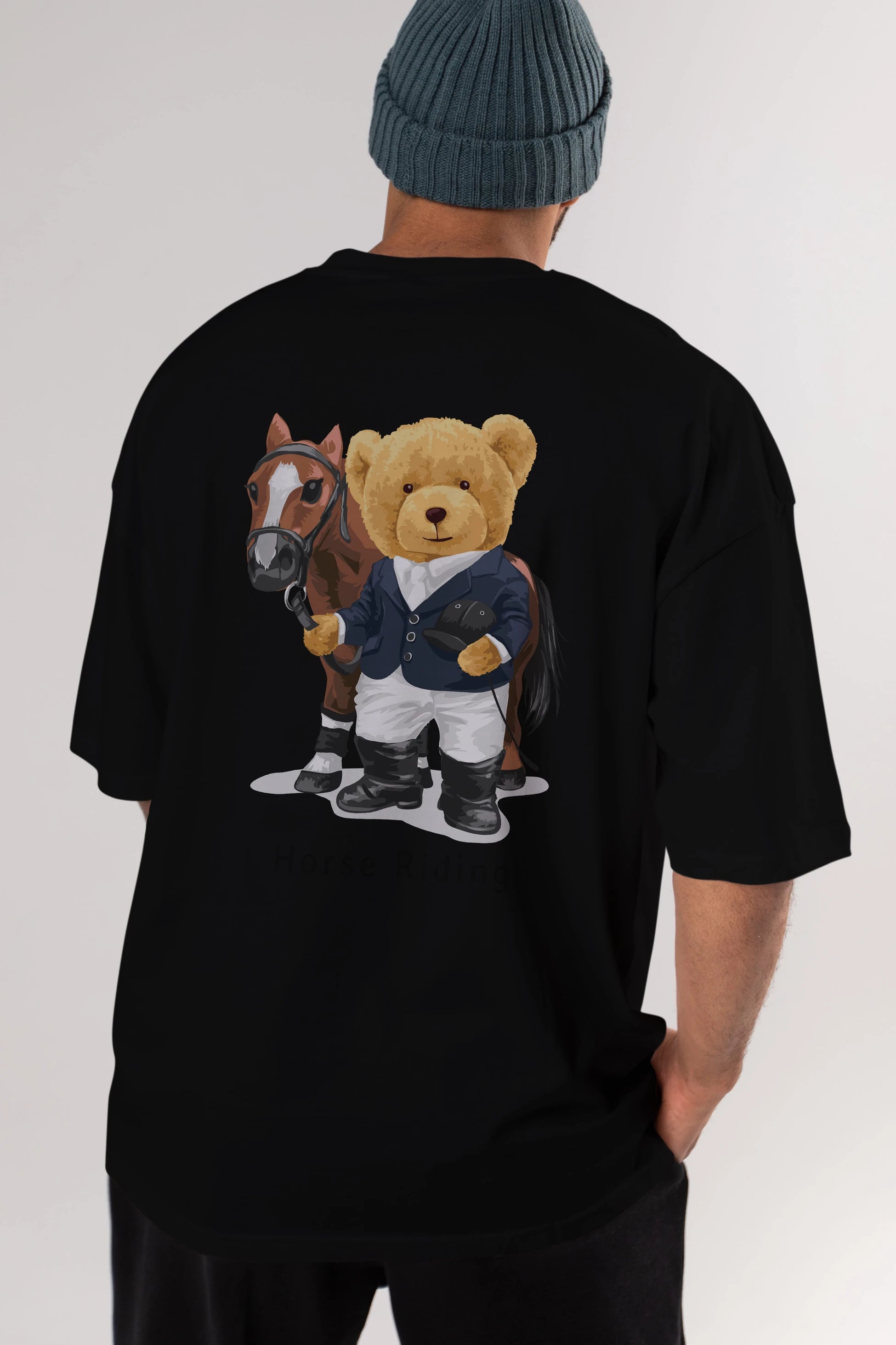 Teddy Bear Horse Riding Arka Baskılı Oversize t-shirt Erkek Kadın Unisex %100 Pamuk