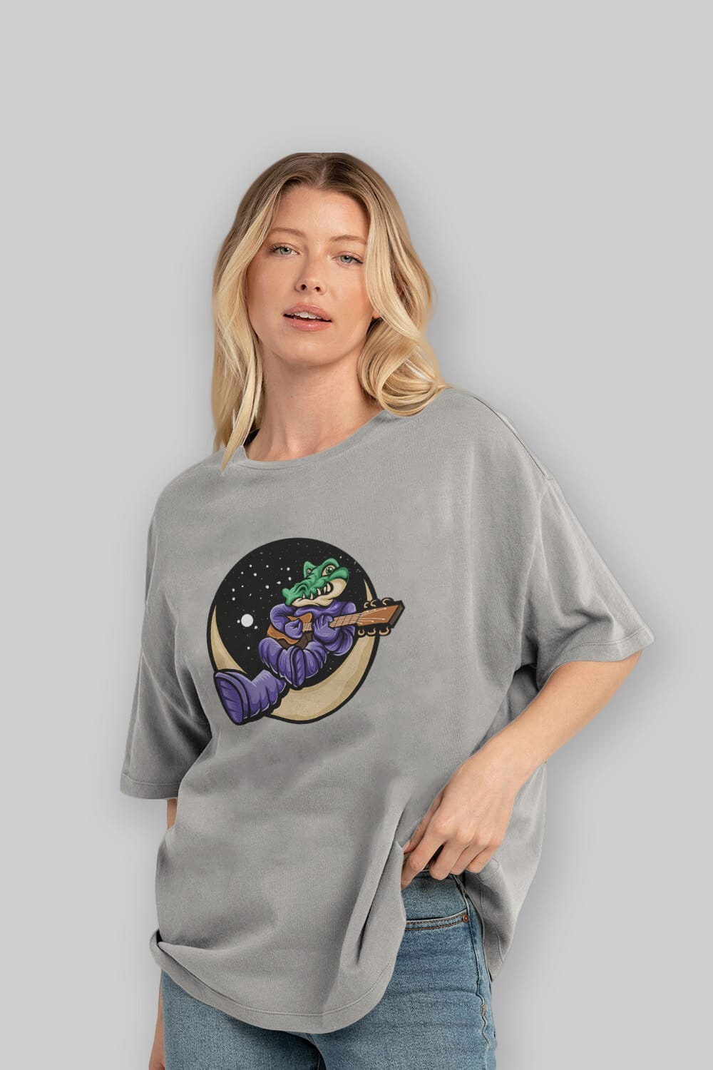Space Crocodile Ön Baskılı Oversize t-shirt Erkek Kadın Unisex