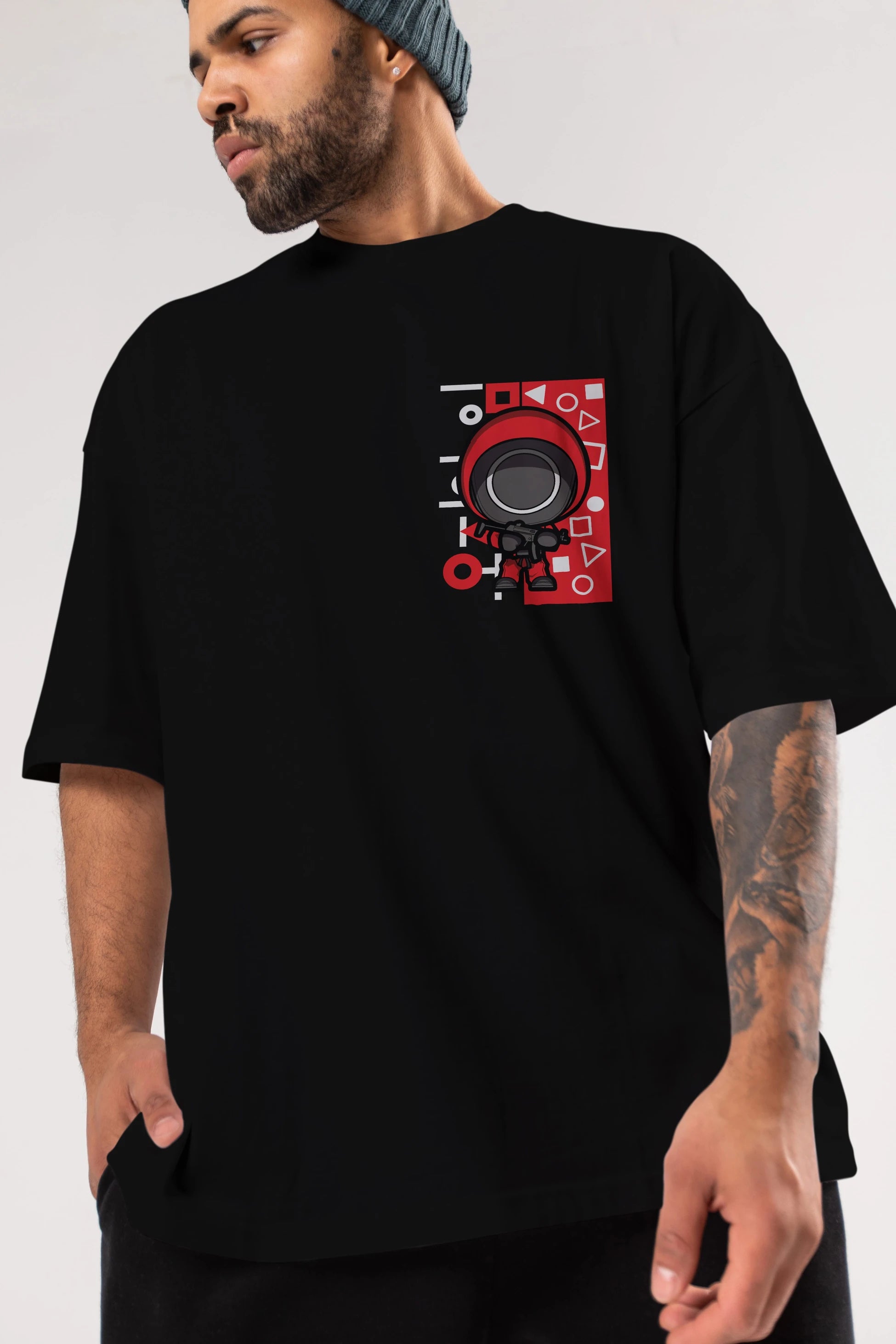 Squid Game (4) Ön Sol Baskılı Oversize t-shirt Erkek Kadın Unisex %100 Pamuk Bisiklet Yaka tişort