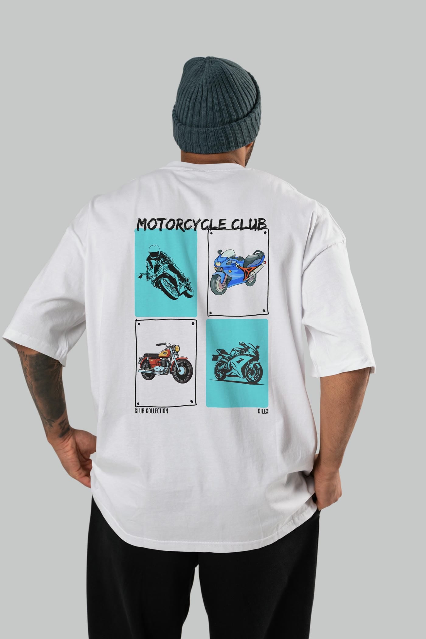 Motorcycle Club Arka Baskılı Oversize t-shirt Erkek Kadın %100 Pamuk Bisiklet Yaka tişort