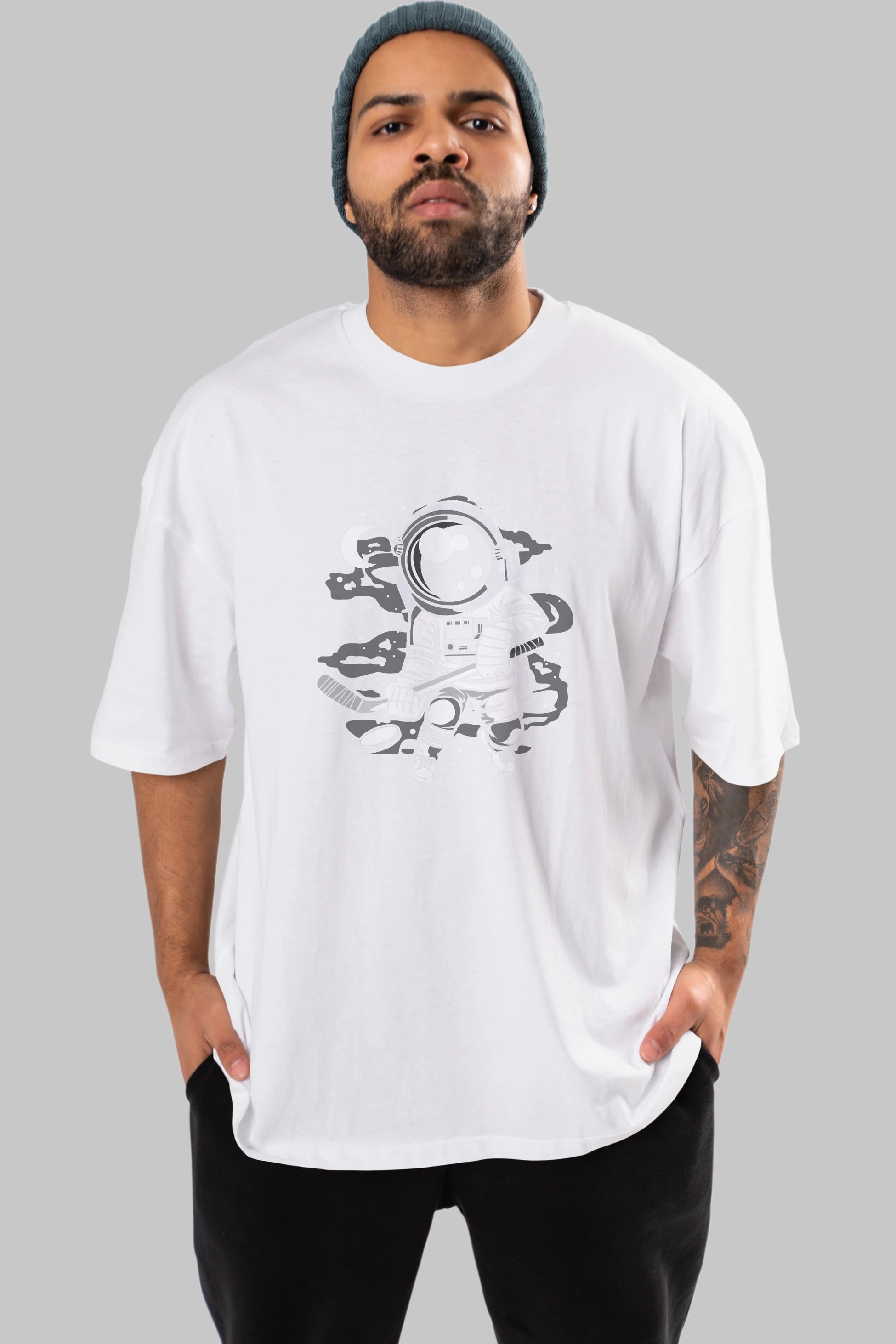 Hockey Player Astronaut Ön Baskılı Oversize t-shirt Erkek Kadın Unisex