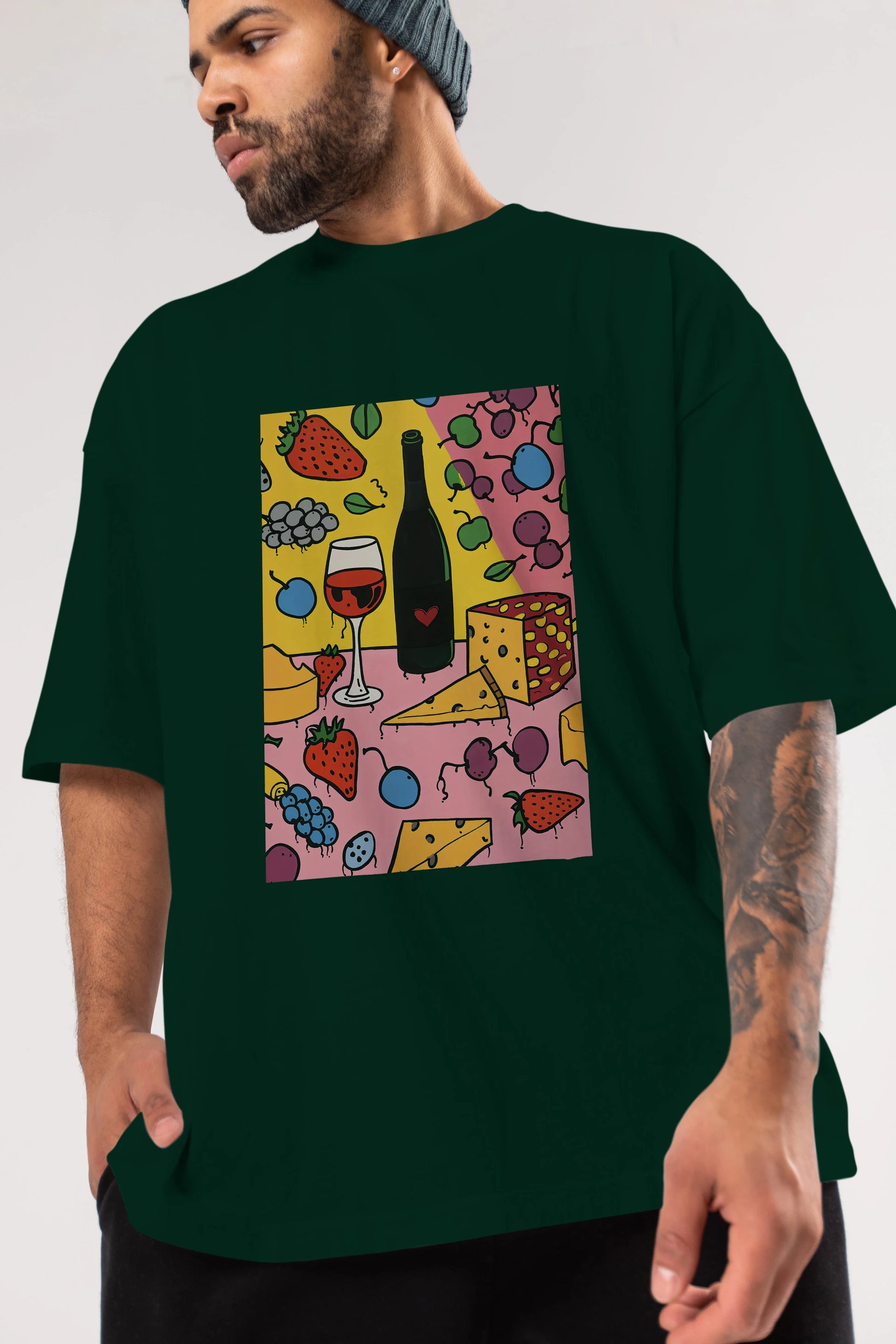 Wine Cheese Fruits Ön Baskılı Oversize t-shirt Erkek Kadın Unisex %100 Pamuk Bisiklet Yaka tişort