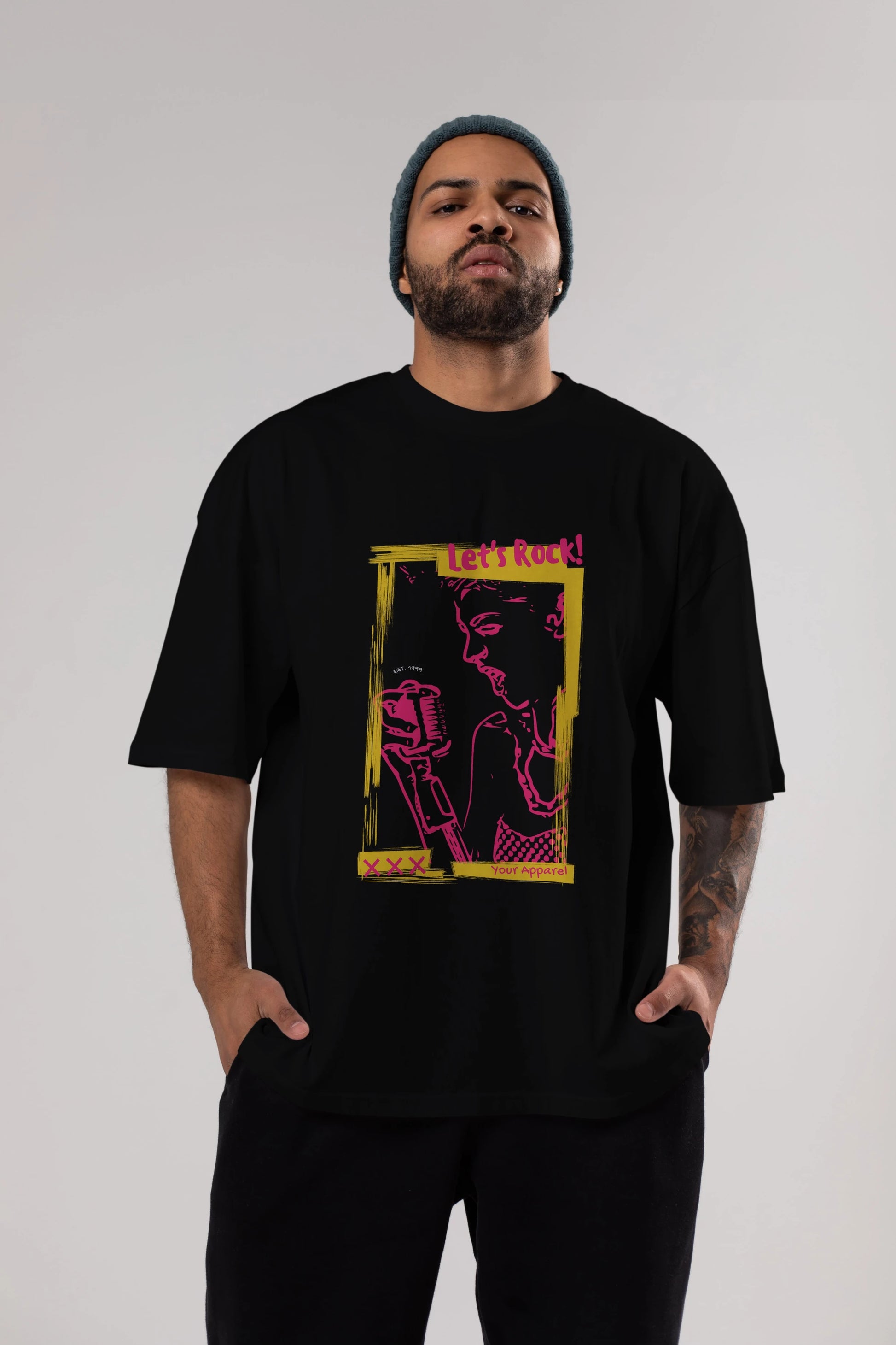 Let's Rock Yazılı Ön Baskılı Oversize t-shirt Erkek Kadın Unisex