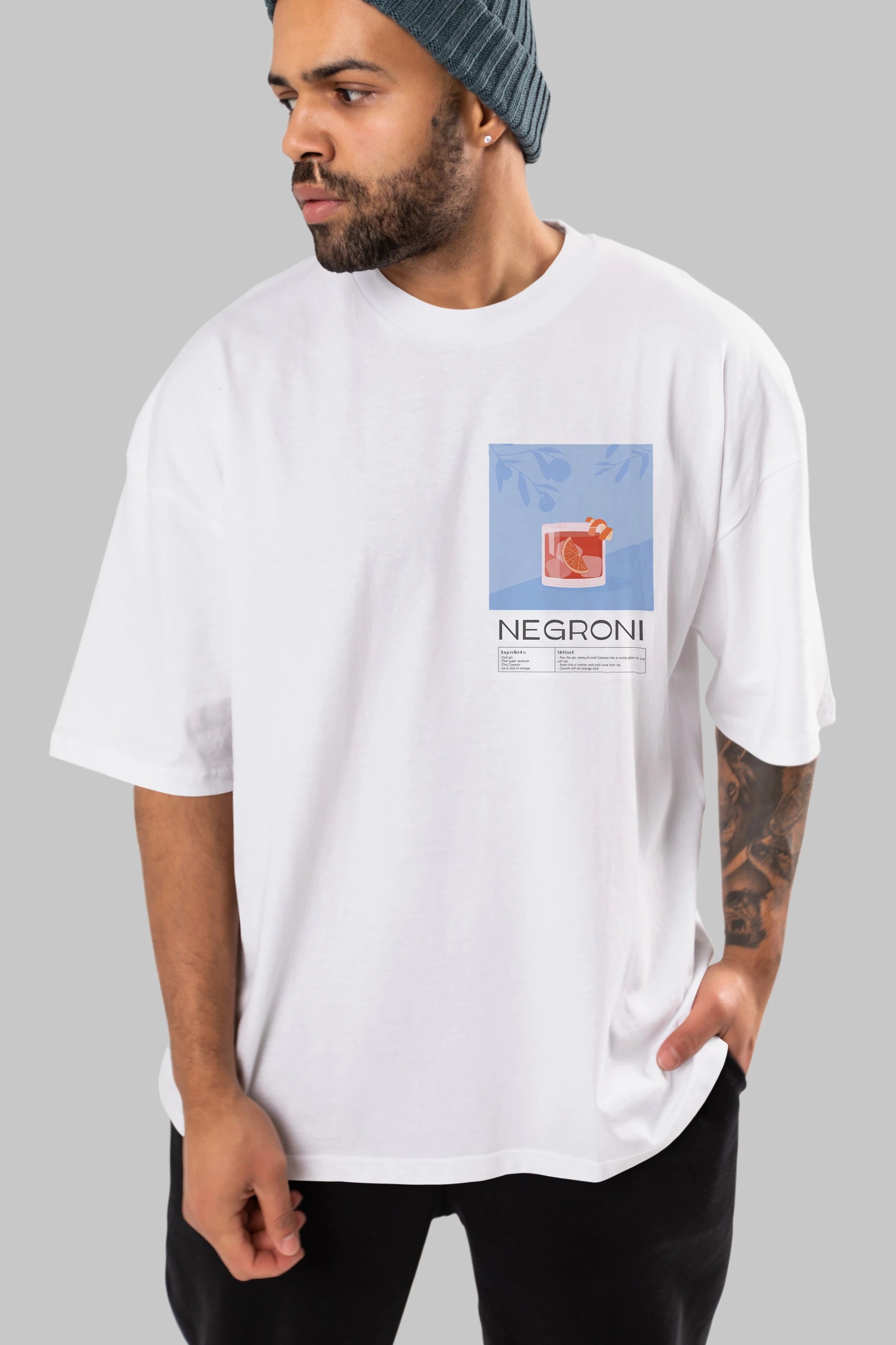 Negroni Ön Sol Baskılı Oversize t-shirt Erkek Kadın Unisex %100 Pamuk Bisiklet Yaka tişort