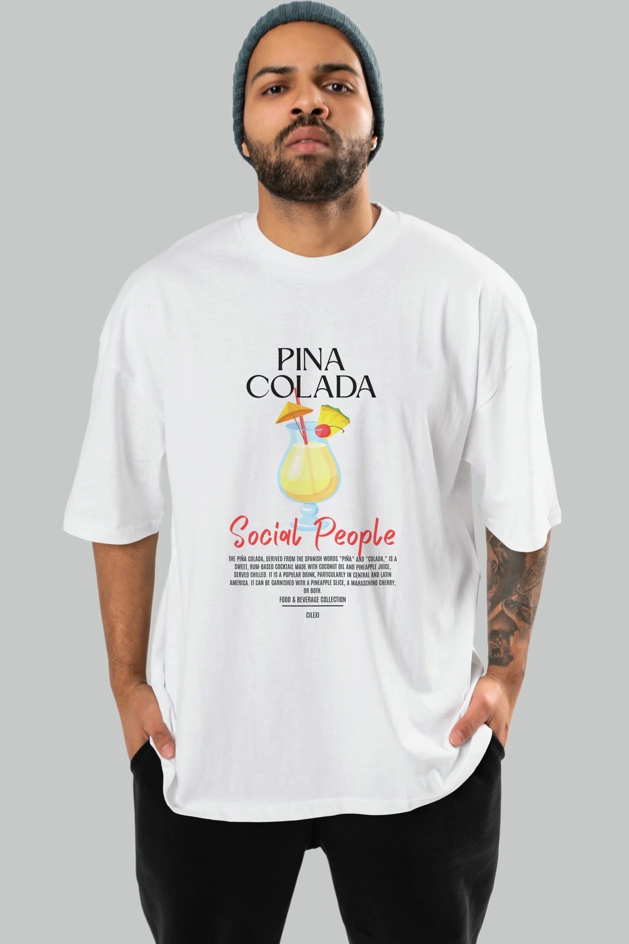 Pına Colada Kokteyl Serisi ön Baskılı Oversize t-shirt Erkek Kadın %100 Pamuk Bisiklet Yaka tişort