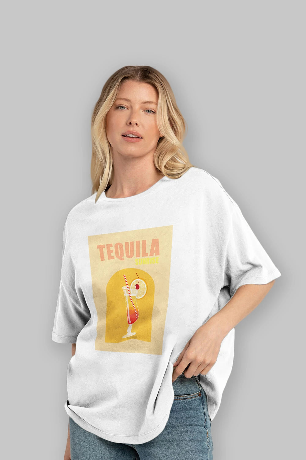 Tequila Sunrise Ön Baskılı Oversize t-shirt Erkek Kadın Unisex %100 Pamuk Bisiklet Yaka tişort
