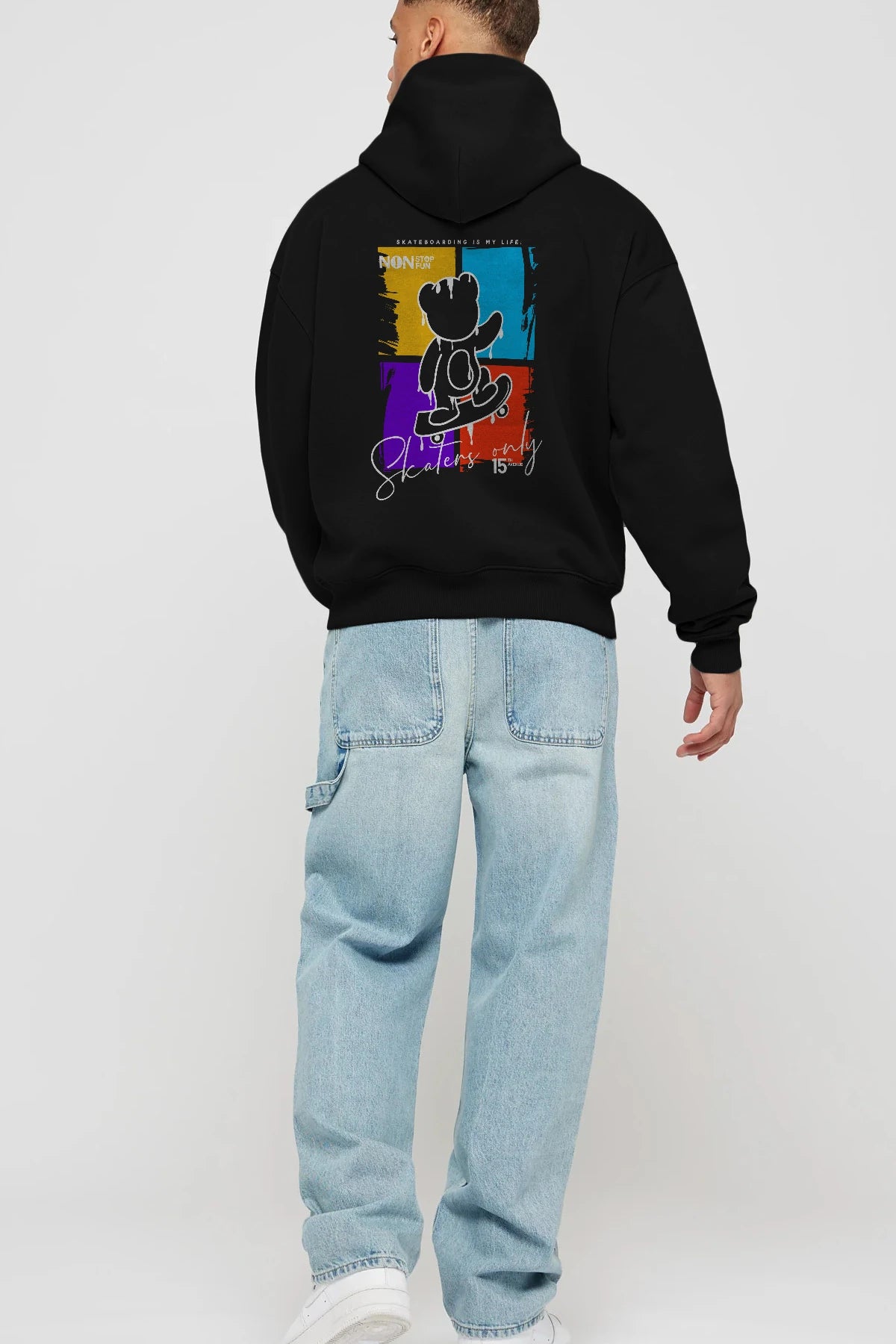Skaters Only Bear Arka Baskılı Hoodie Oversize Kapüşonlu Sweatshirt Erkek Kadın Unisex